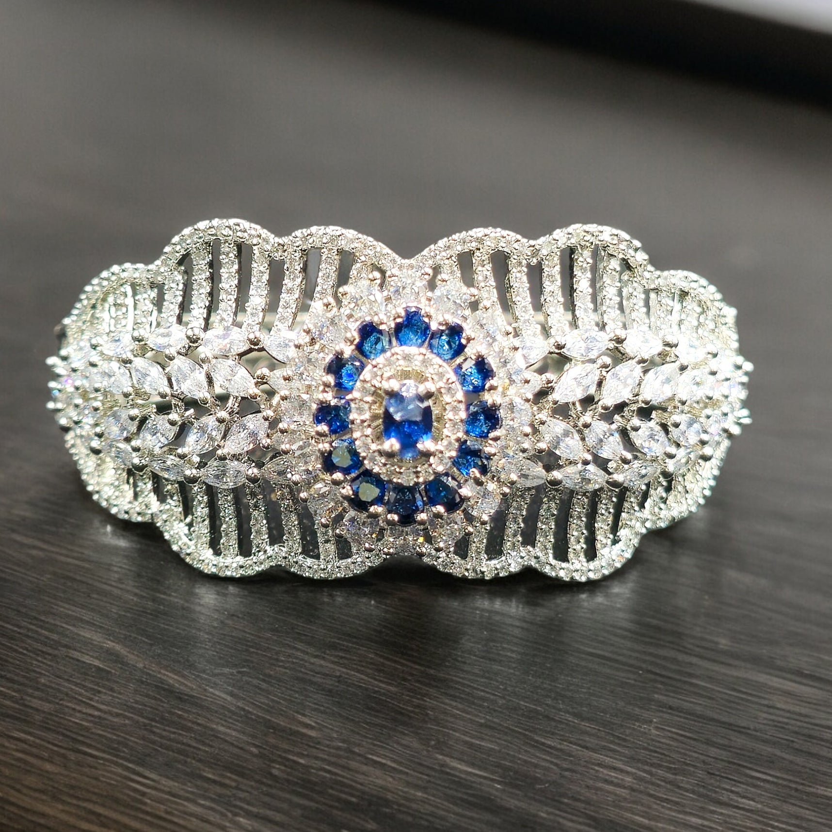 FW Blue CZ Rhodium Plated Kada Bracelet