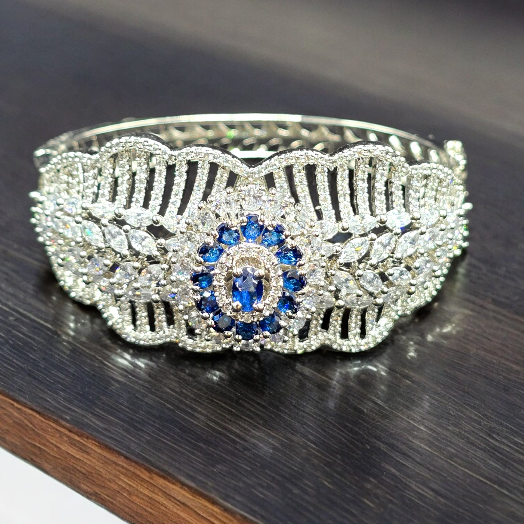 FW Blue CZ Rhodium Plated Kada Bracelet