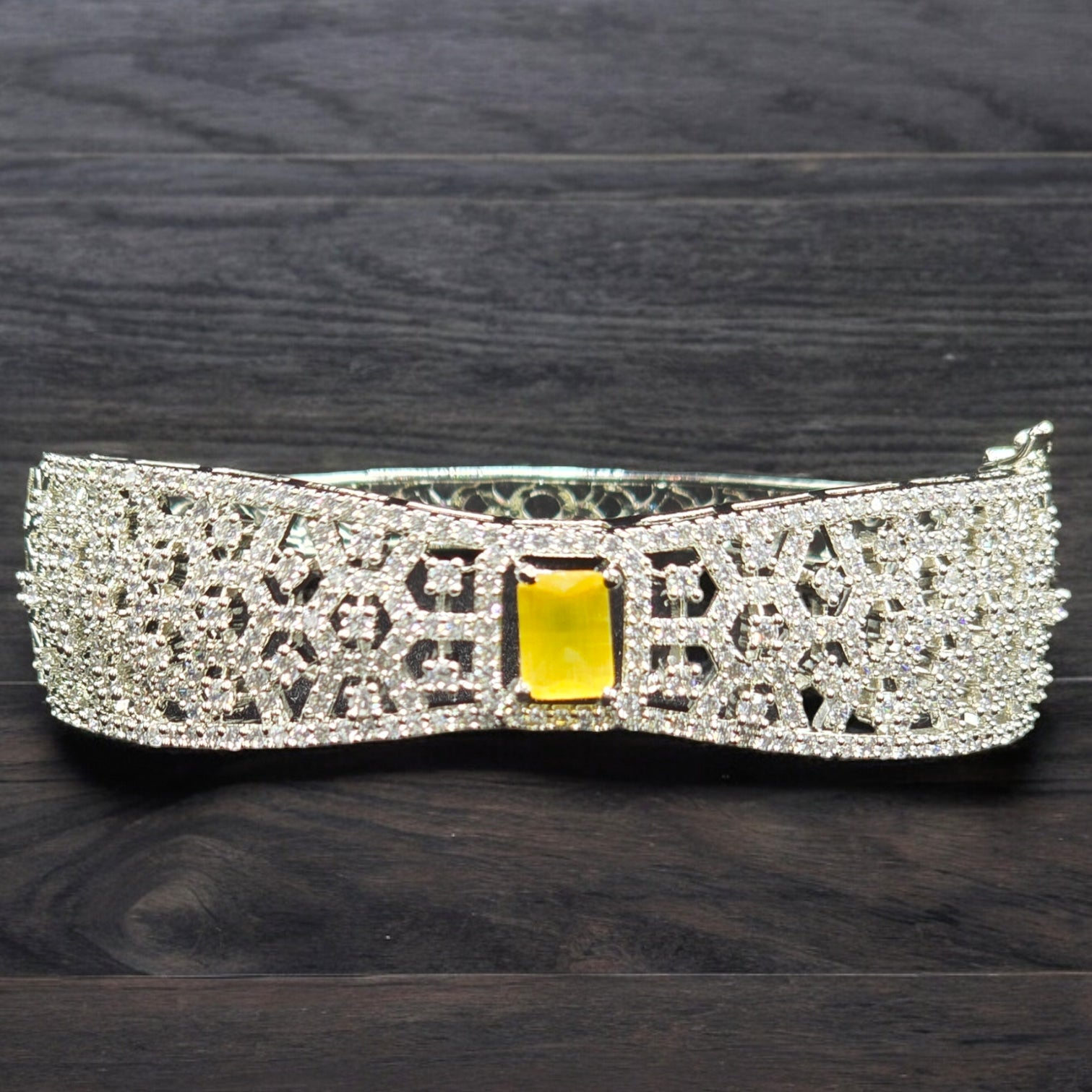 FW Yellow CZ Stone Rhodium Plated Kada Bracelet