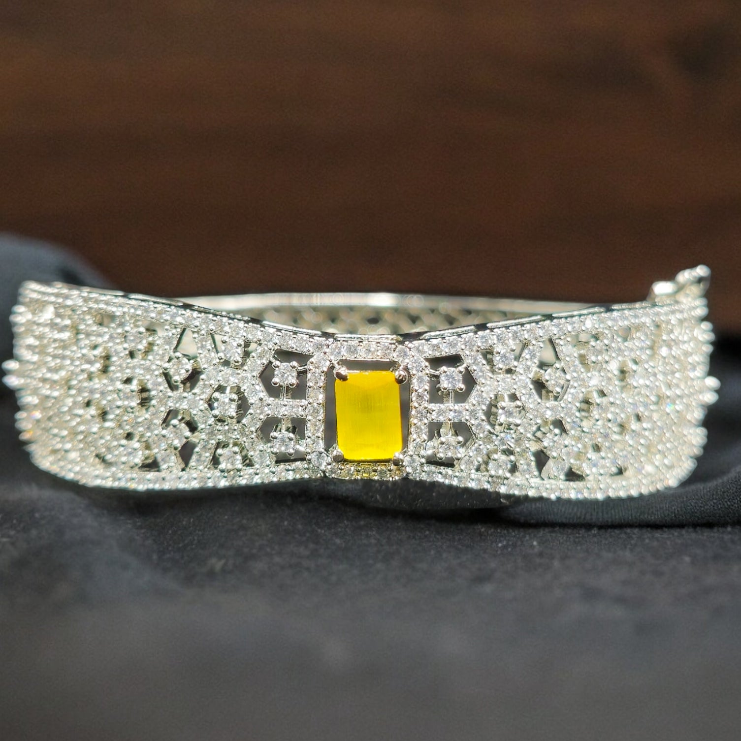 FW Yellow CZ Stone Rhodium Plated Kada Bracelet