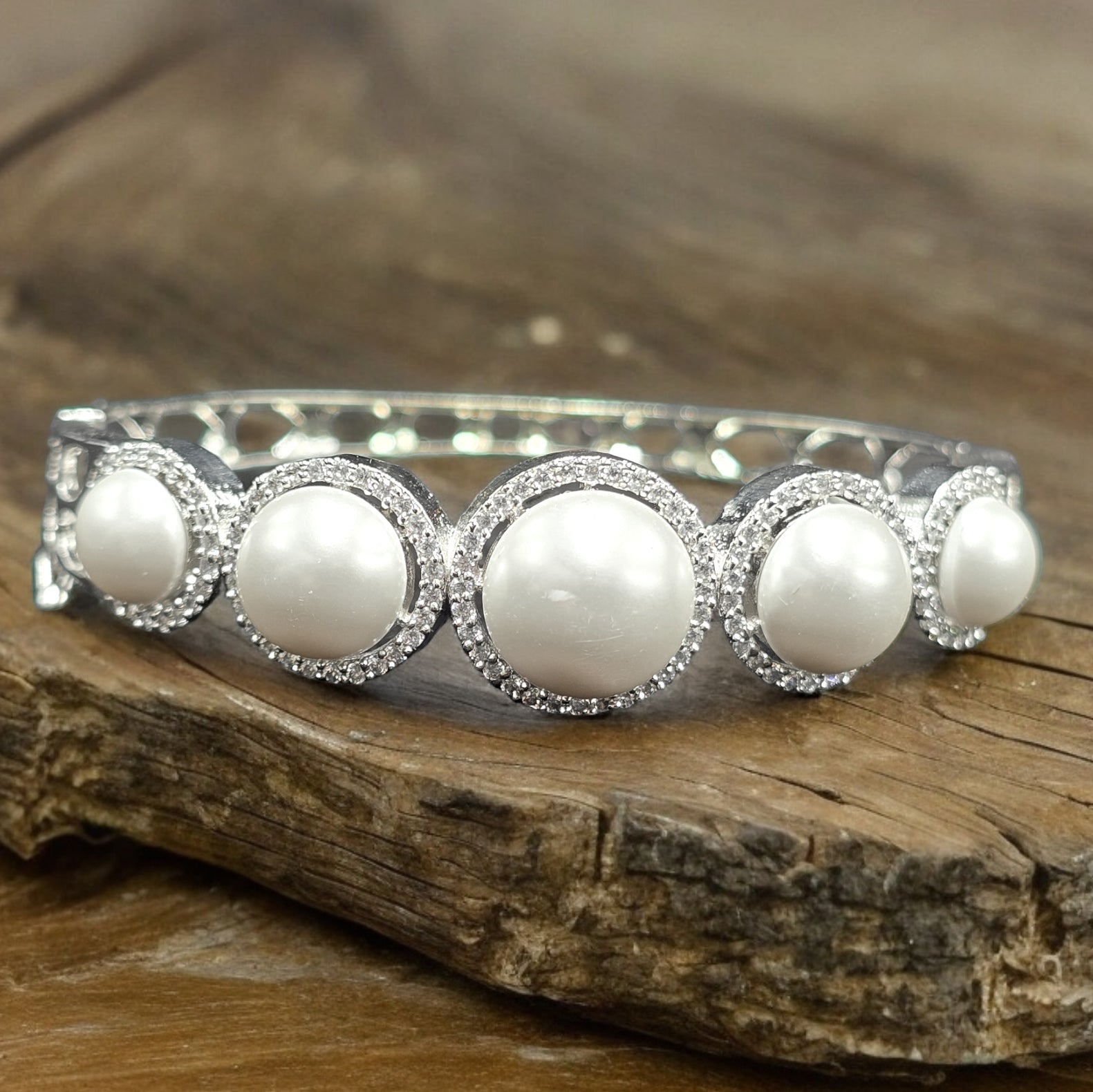 FW CZ Rhodium Plated Pearl Kada Bracelet