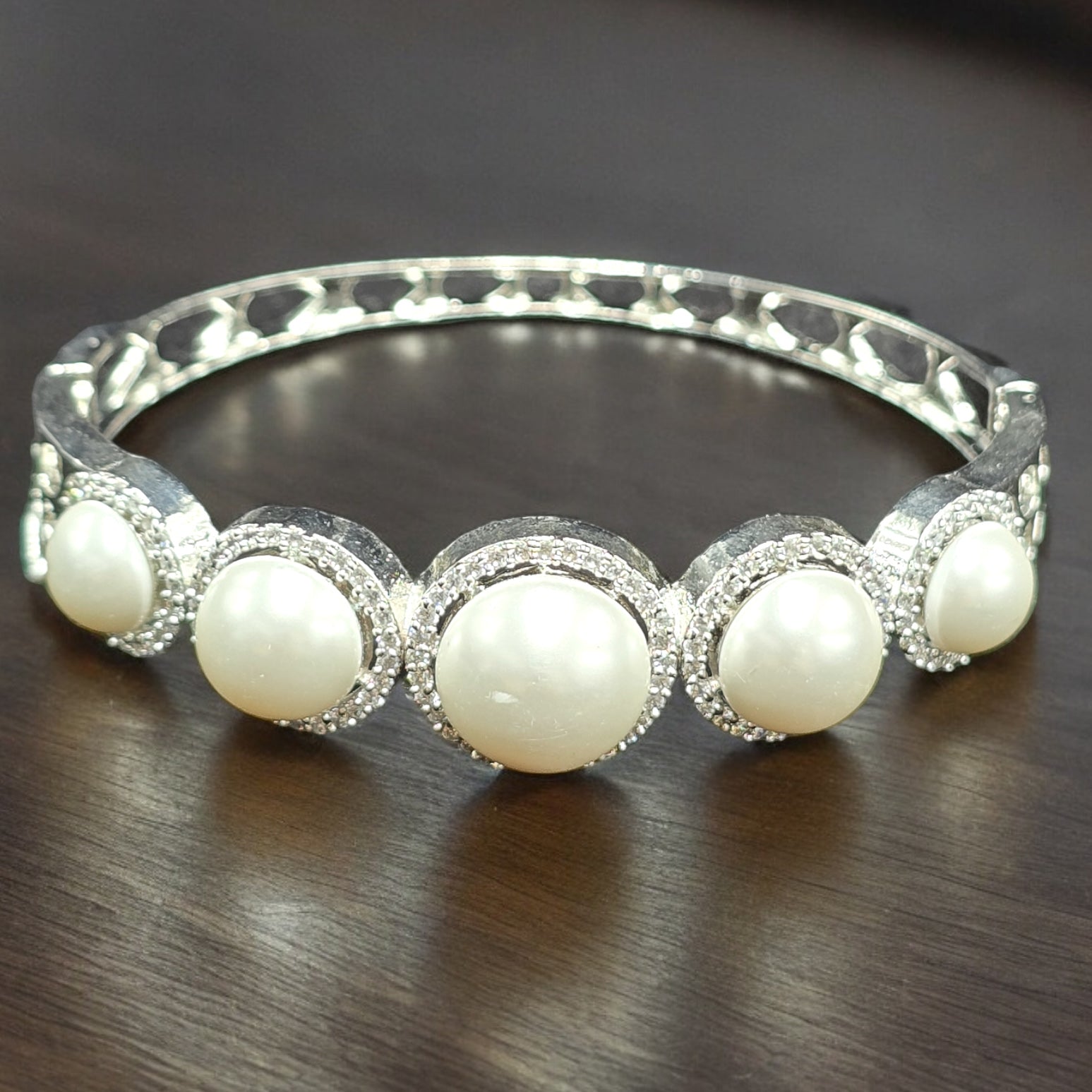 FW CZ Rhodium Plated Pearl Kada Bracelet