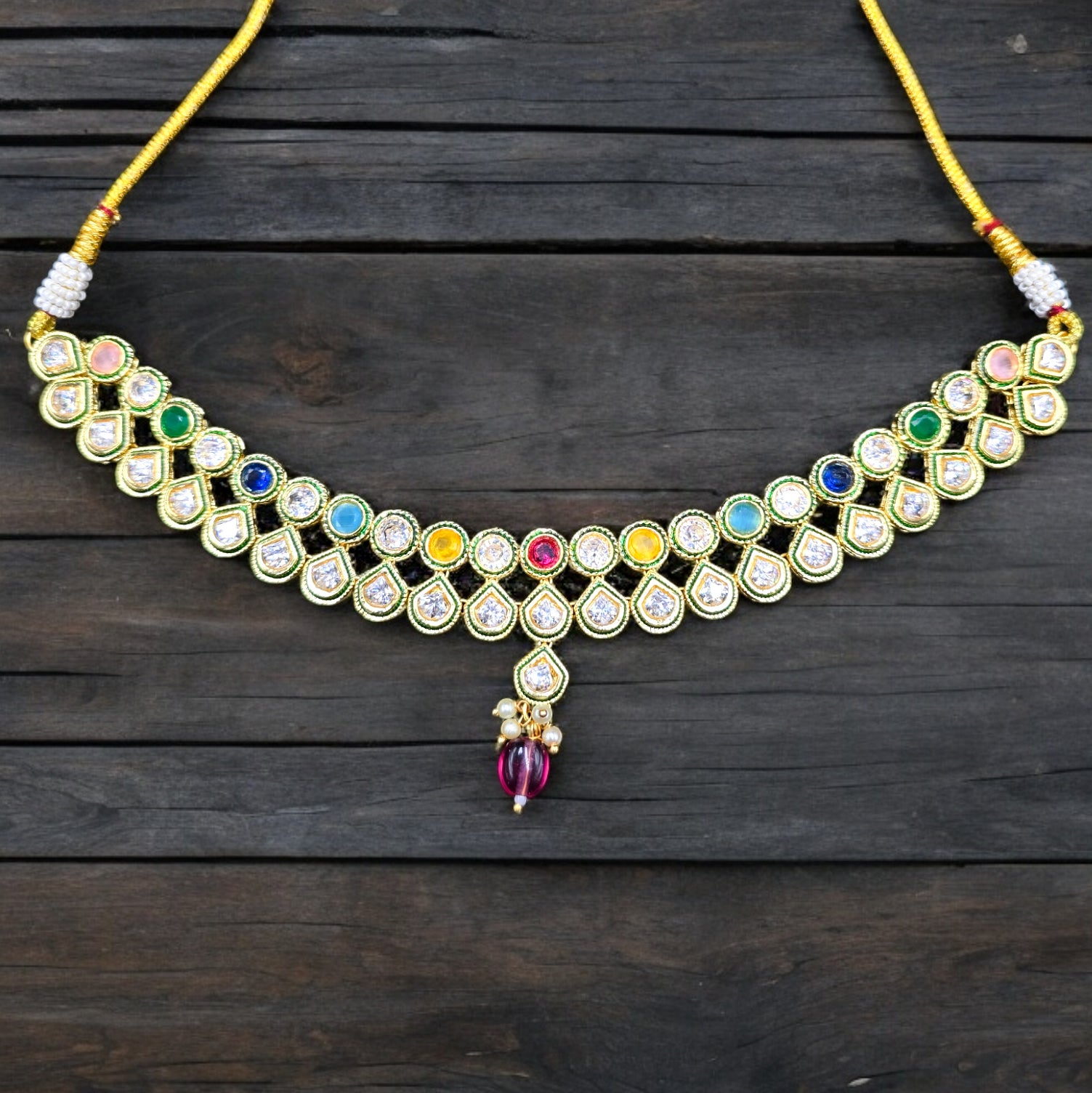 Multicolor 18k Gold Plated Kundan Necklace with Earrings & Mangtikka