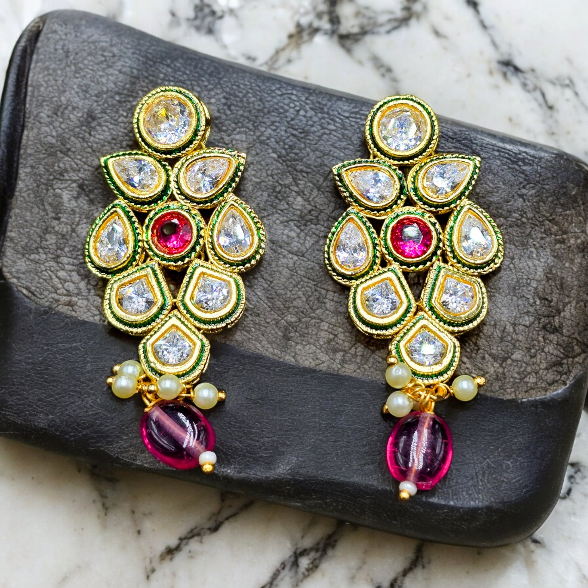 Multicolor 18k Gold Plated Kundan Necklace with Earrings & Mangtikka