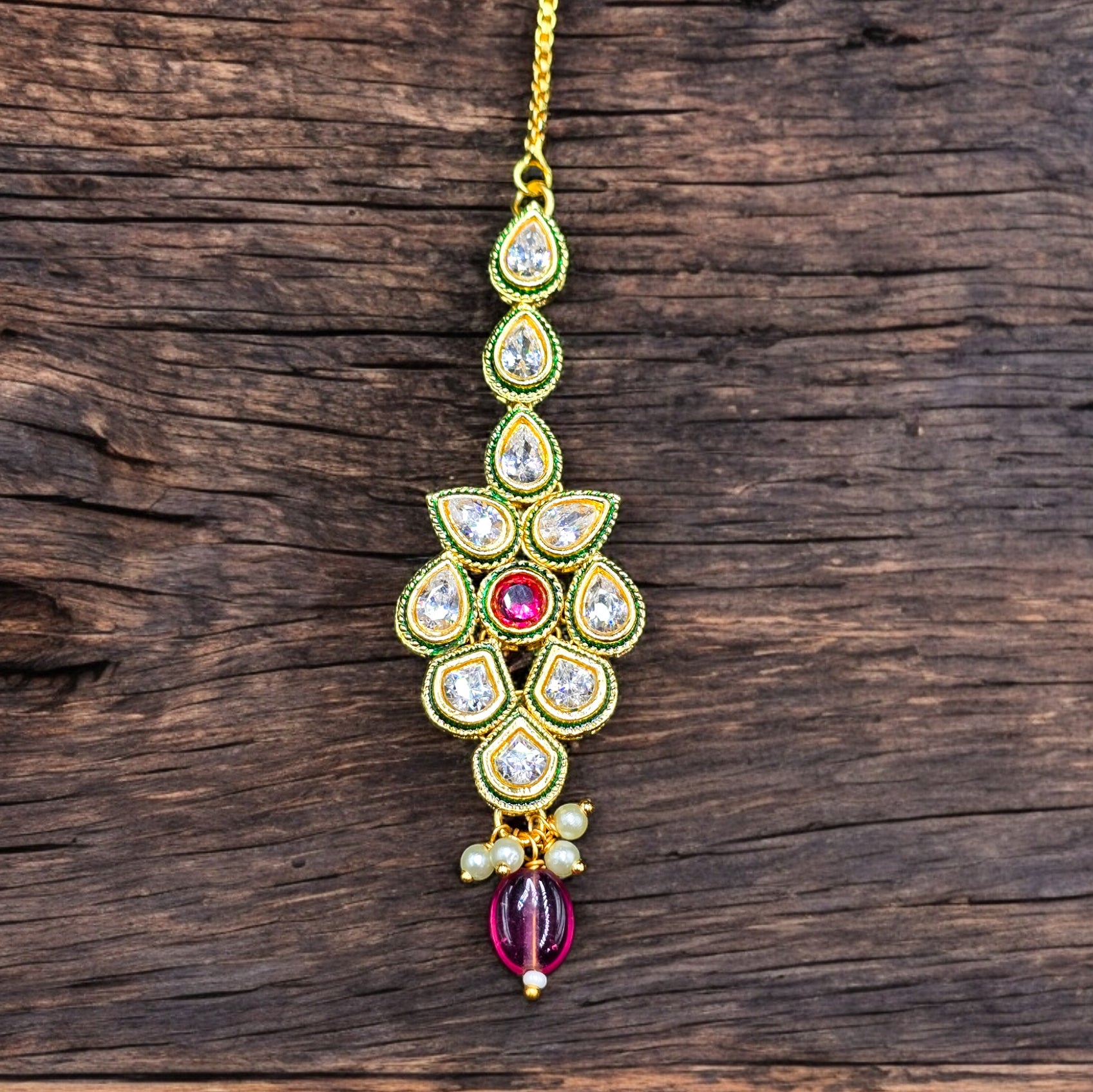 Multicolor 18k Gold Plated Kundan Necklace with Earrings & Mangtikka