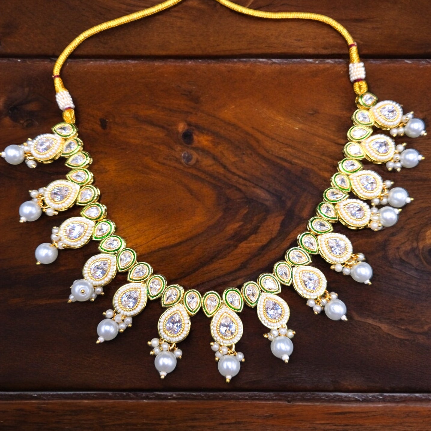 18k Gold Plated White Pearl Kundan Necklace with Earrings & Mangtikka