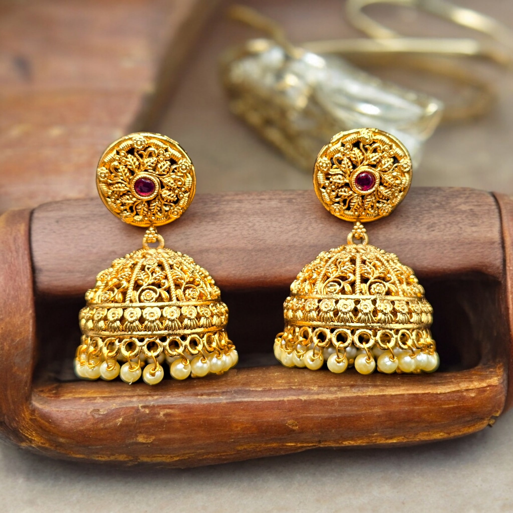 Matte Finished Gold Plated Ruby Jhumka