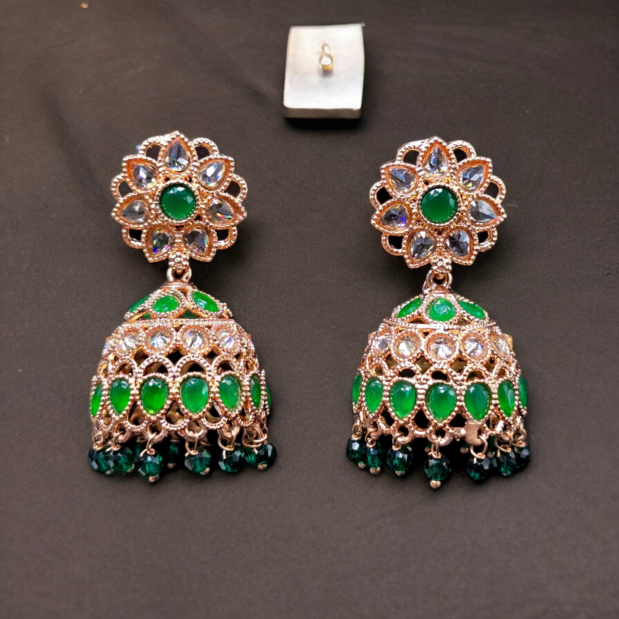 Rose Gold Plated Green Stone Jhumka