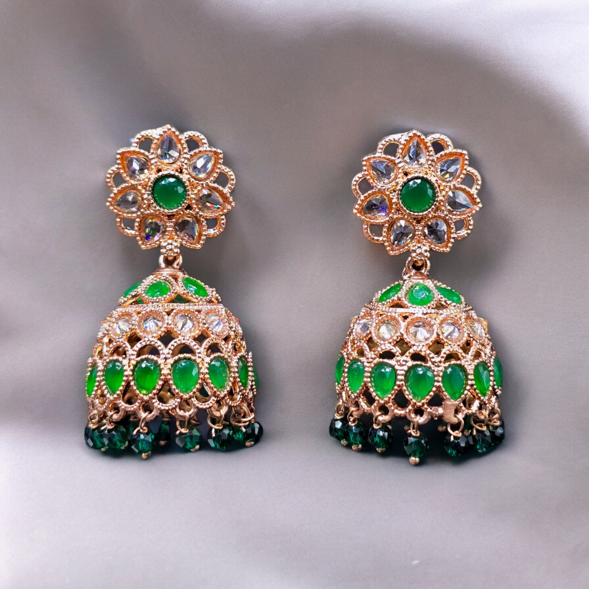 Rose Gold Plated Green Stone Jhumka