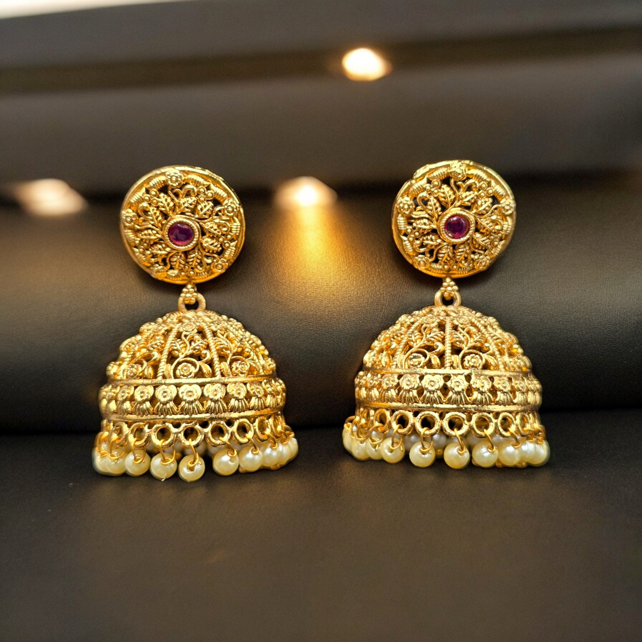 Matte Finished Gold Plated Ruby Jhumka