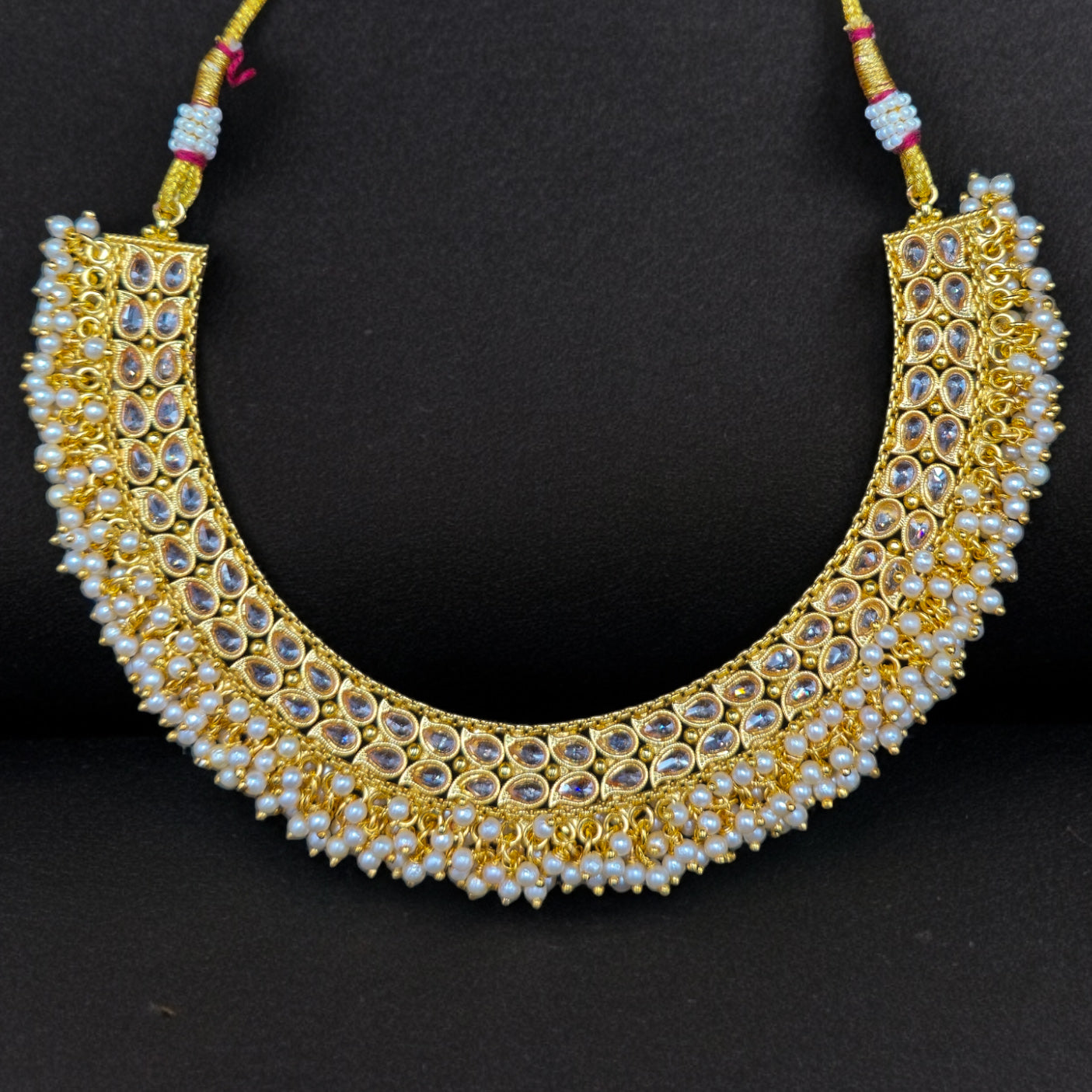 Gold Plated LCT Stone Pearl Necklace with Earrings