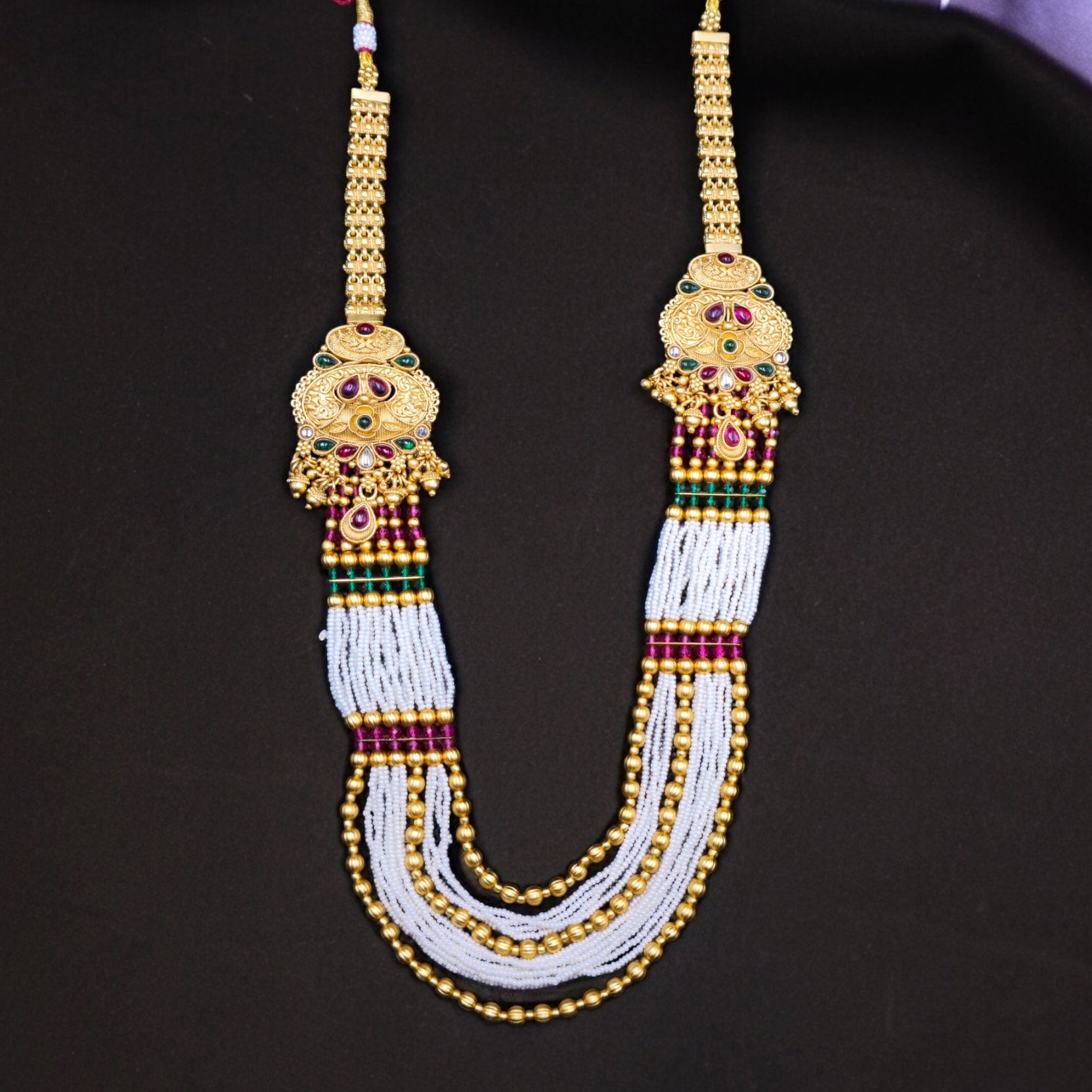 Long Gold Plated Ranihaar with Ruby & Green Crystals & Earrings