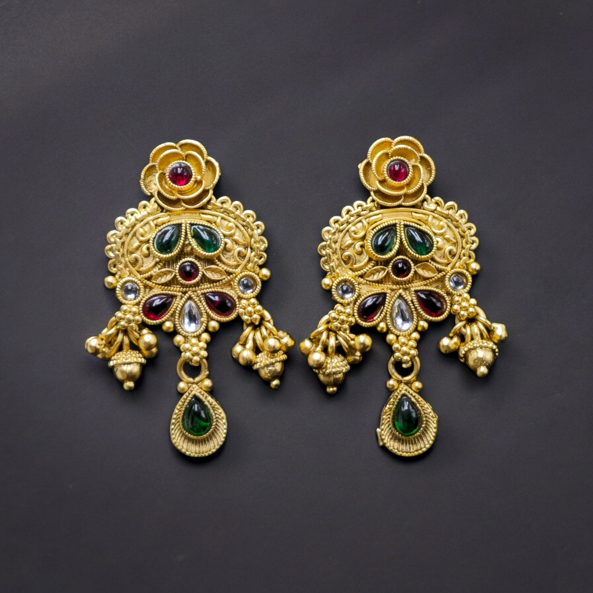 Long Gold Plated Ranihaar with Ruby & Green Crystals & Earrings