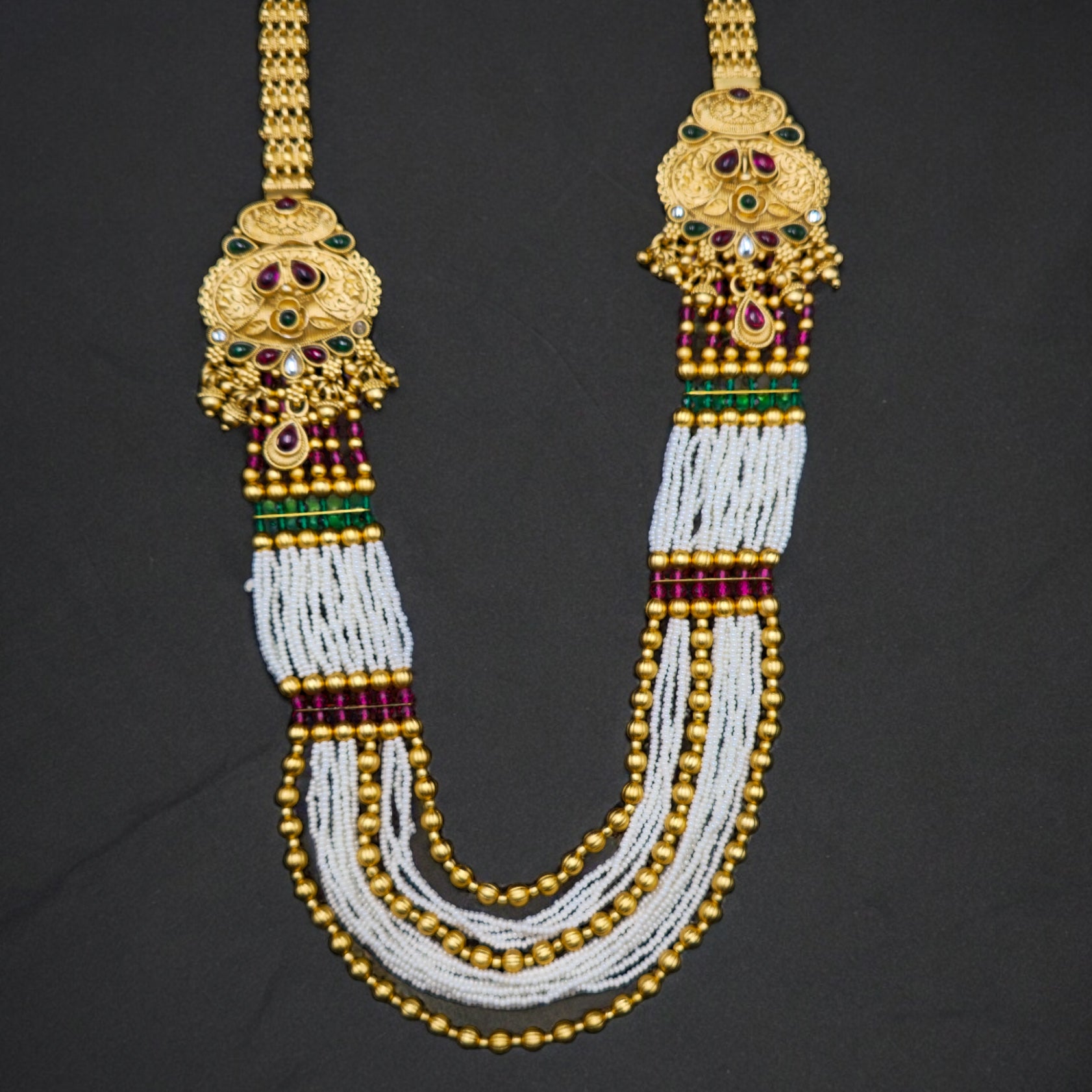 Long Gold Plated Ranihaar with Ruby & Green Crystals & Earrings