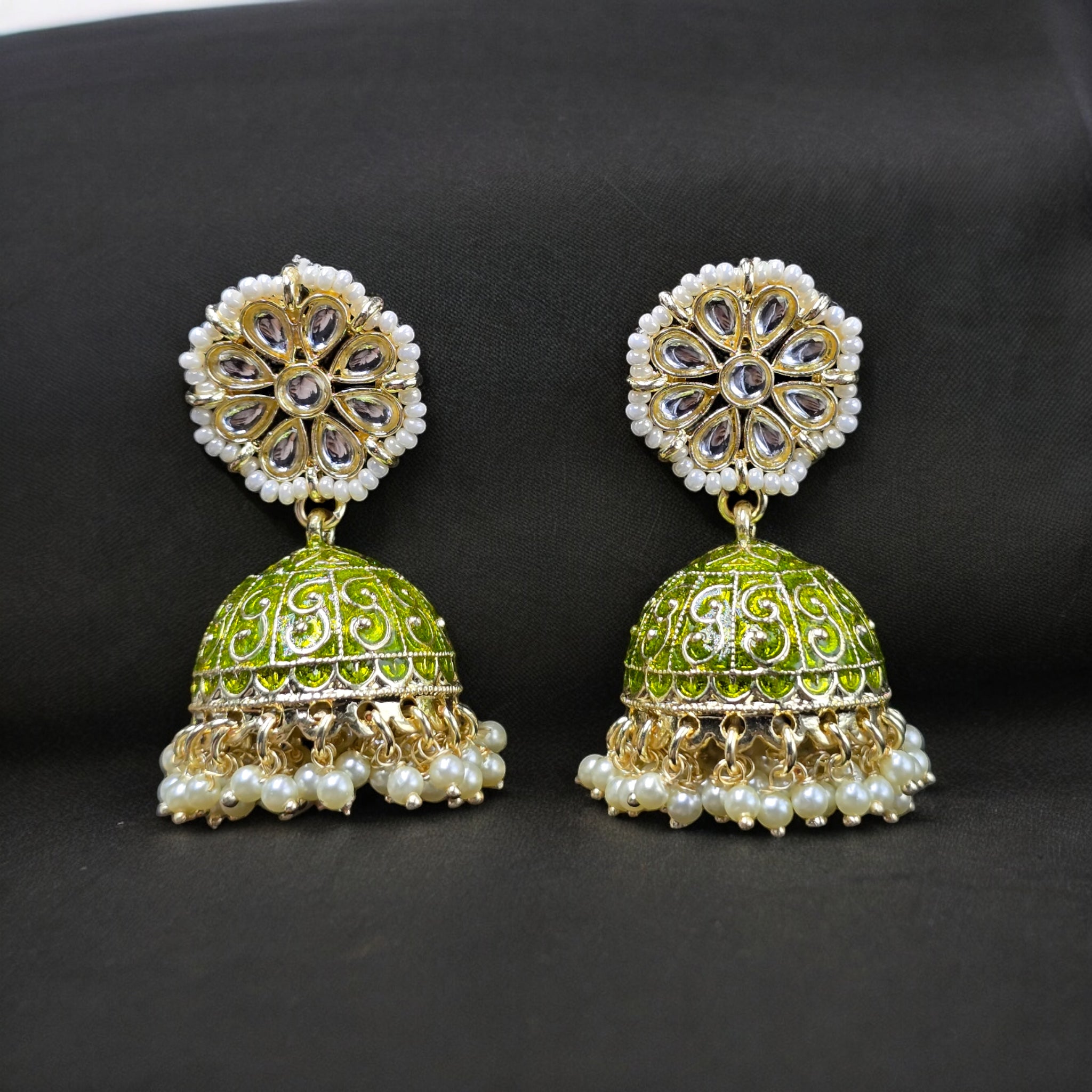 Mehendi Colour White Pearl Indo-Western Earrings