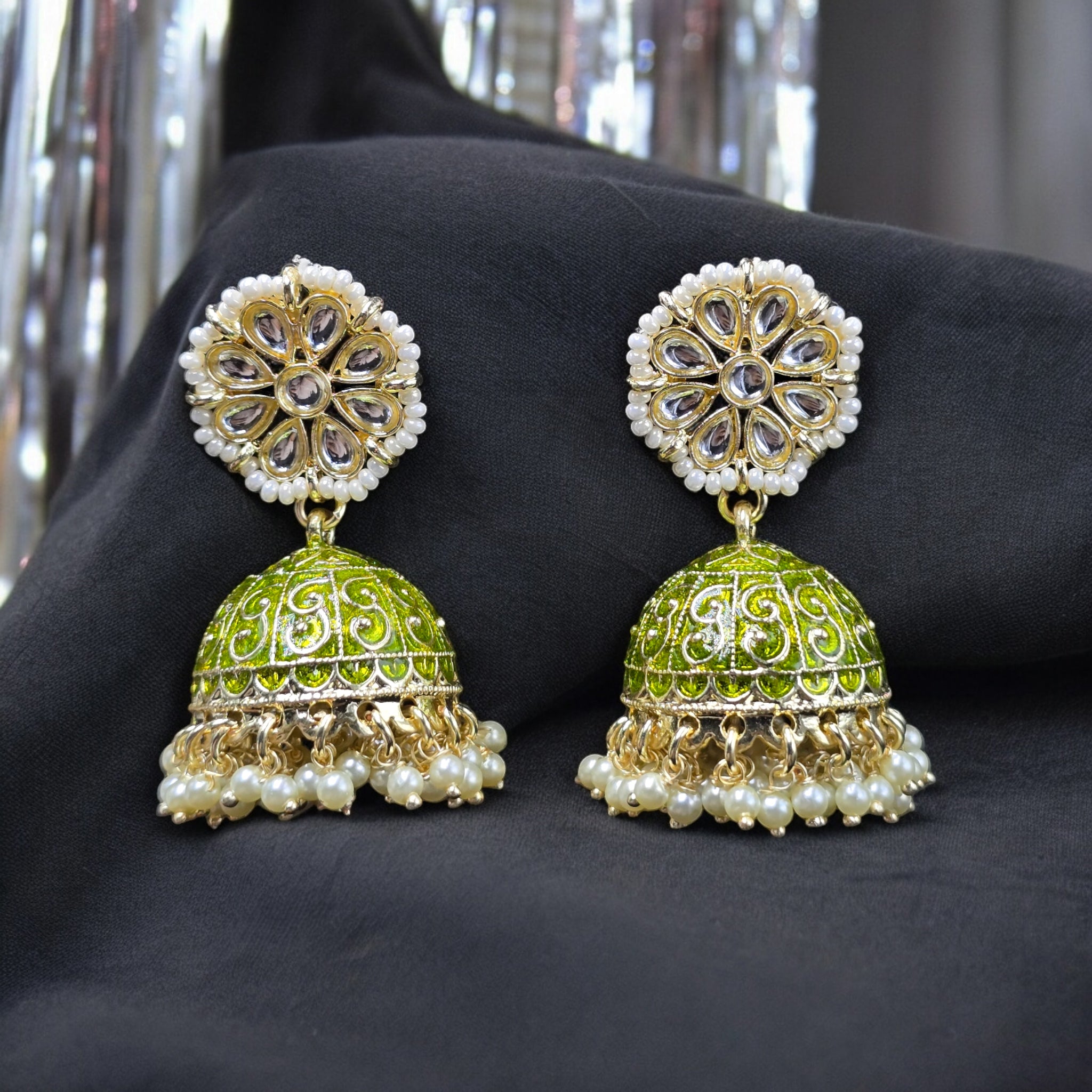 Mehendi Colour White Pearl Indo-Western Earrings