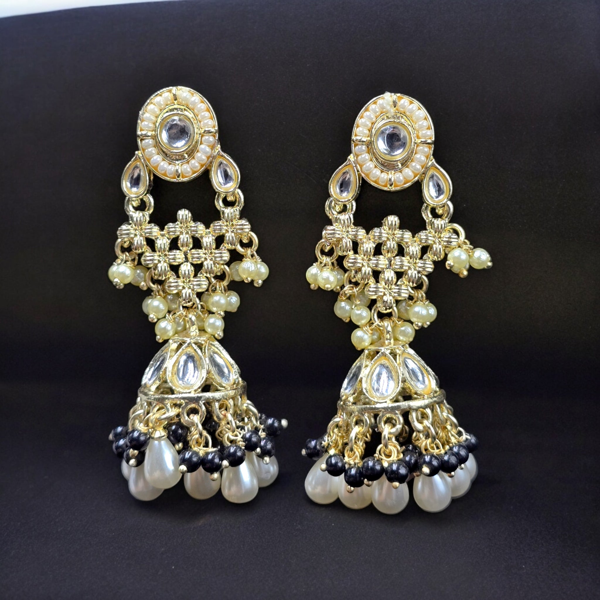 White Pearl Black Beads Indo-Western Earring