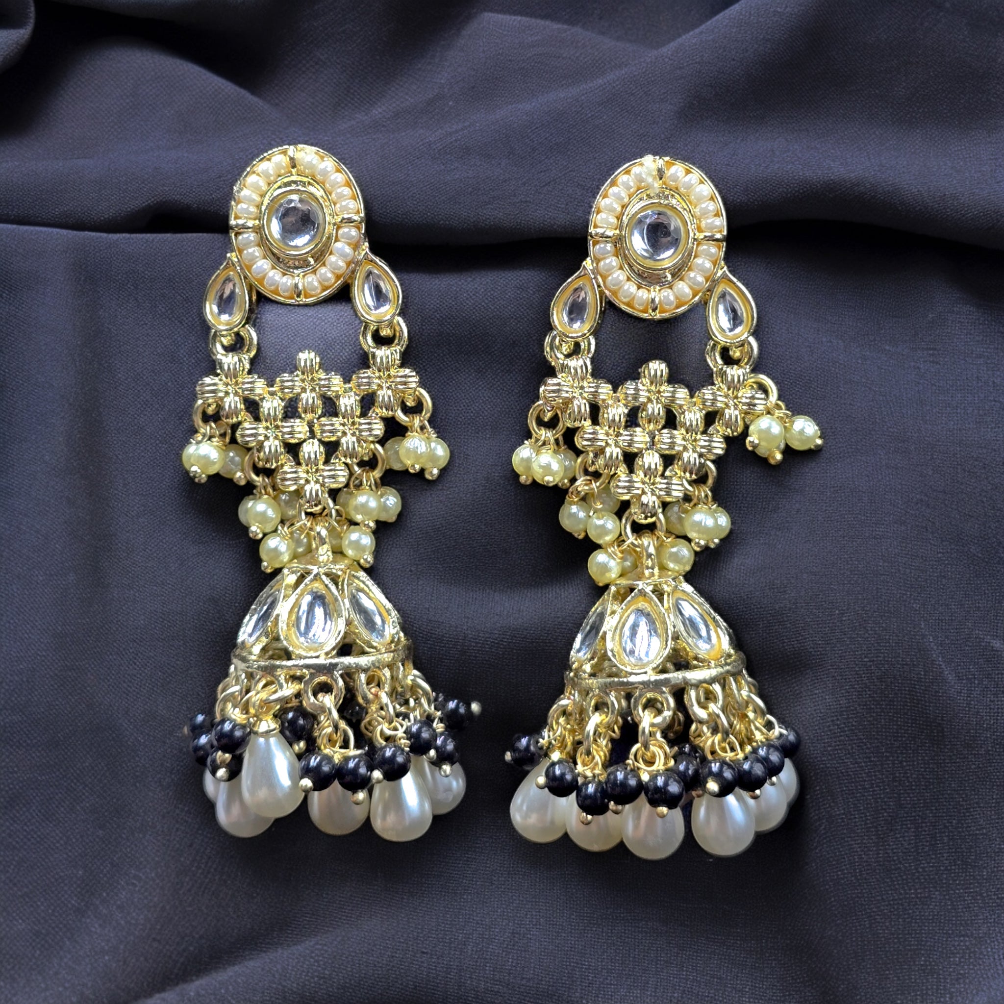 White Pearl Black Beads Indo-Western Earring