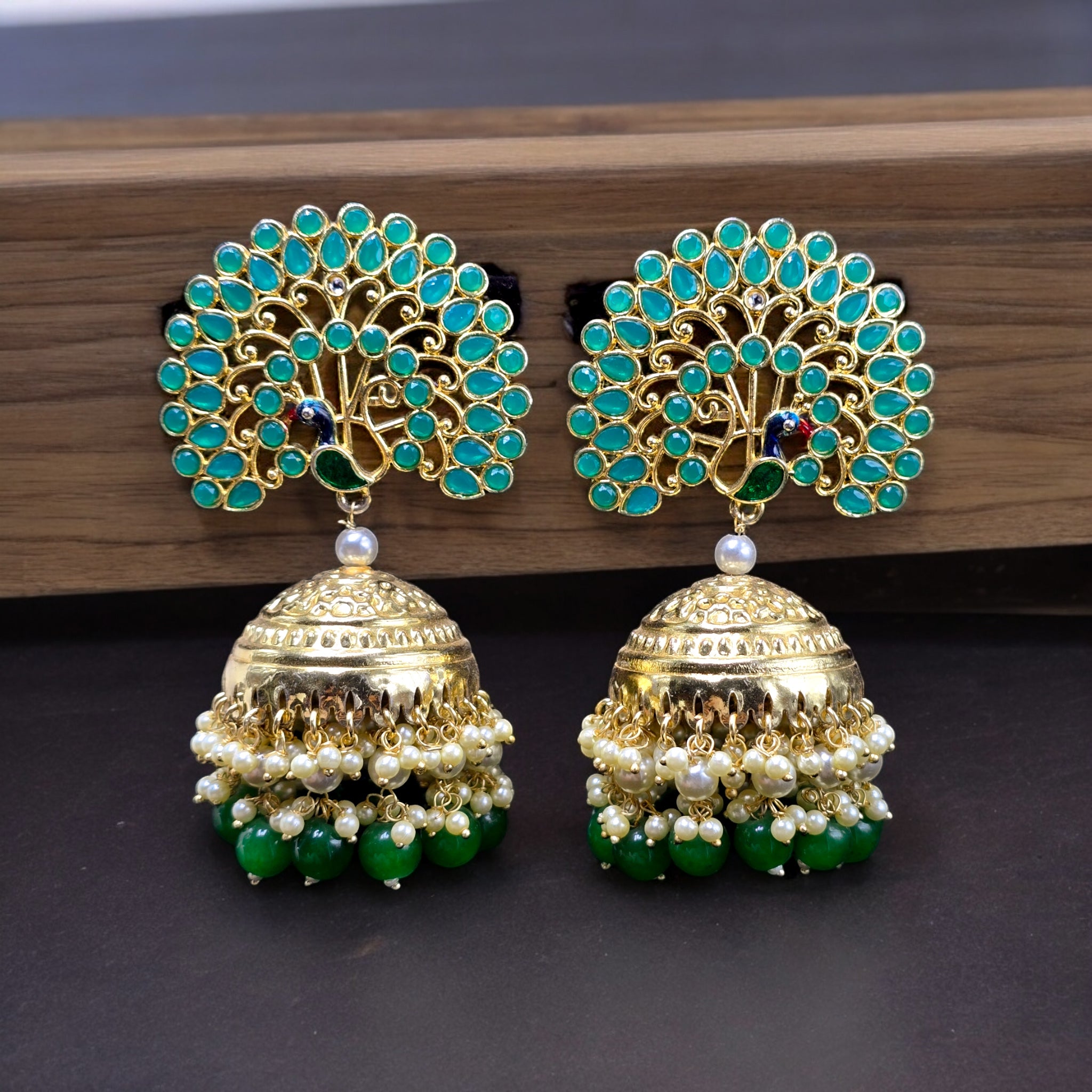 Big Size Peackock Designed Green Colour Indo-Western Earring