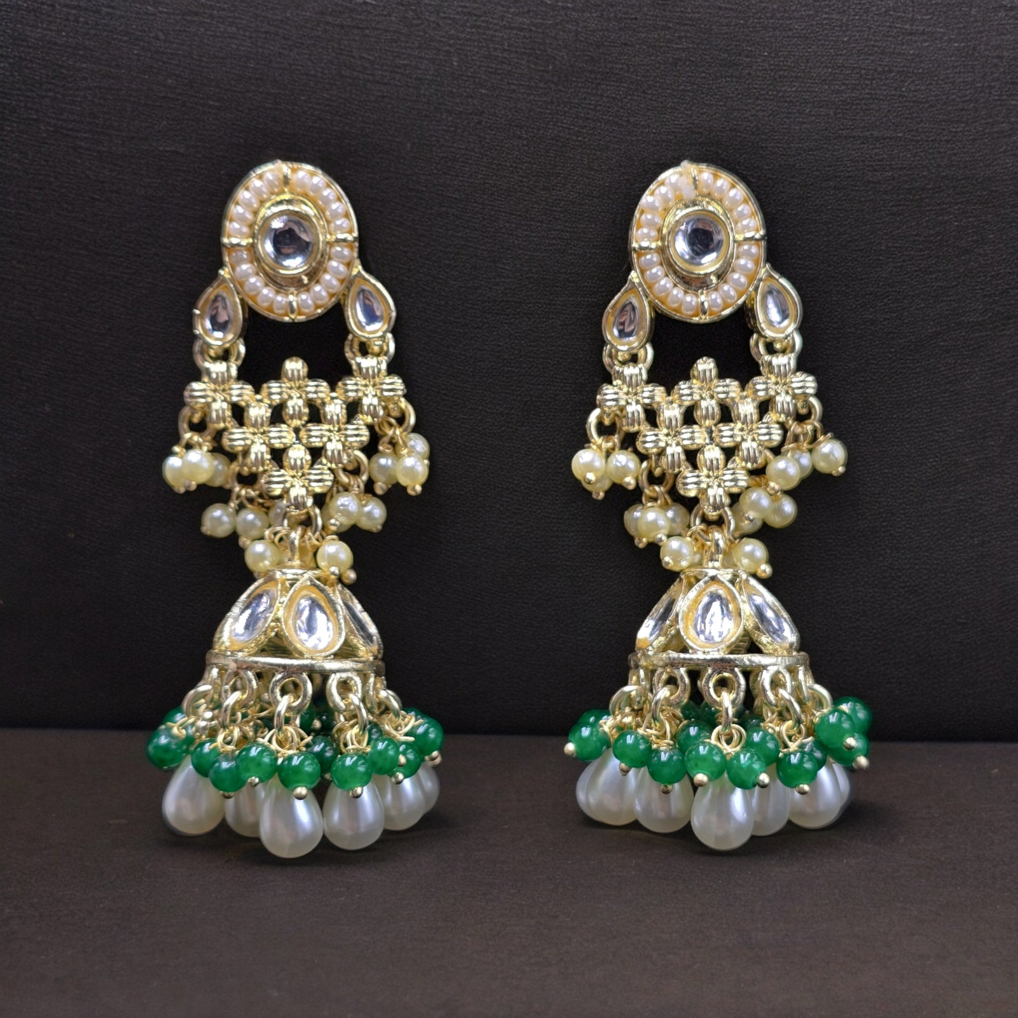 White Pearl Green Beads Indo-Western Earring