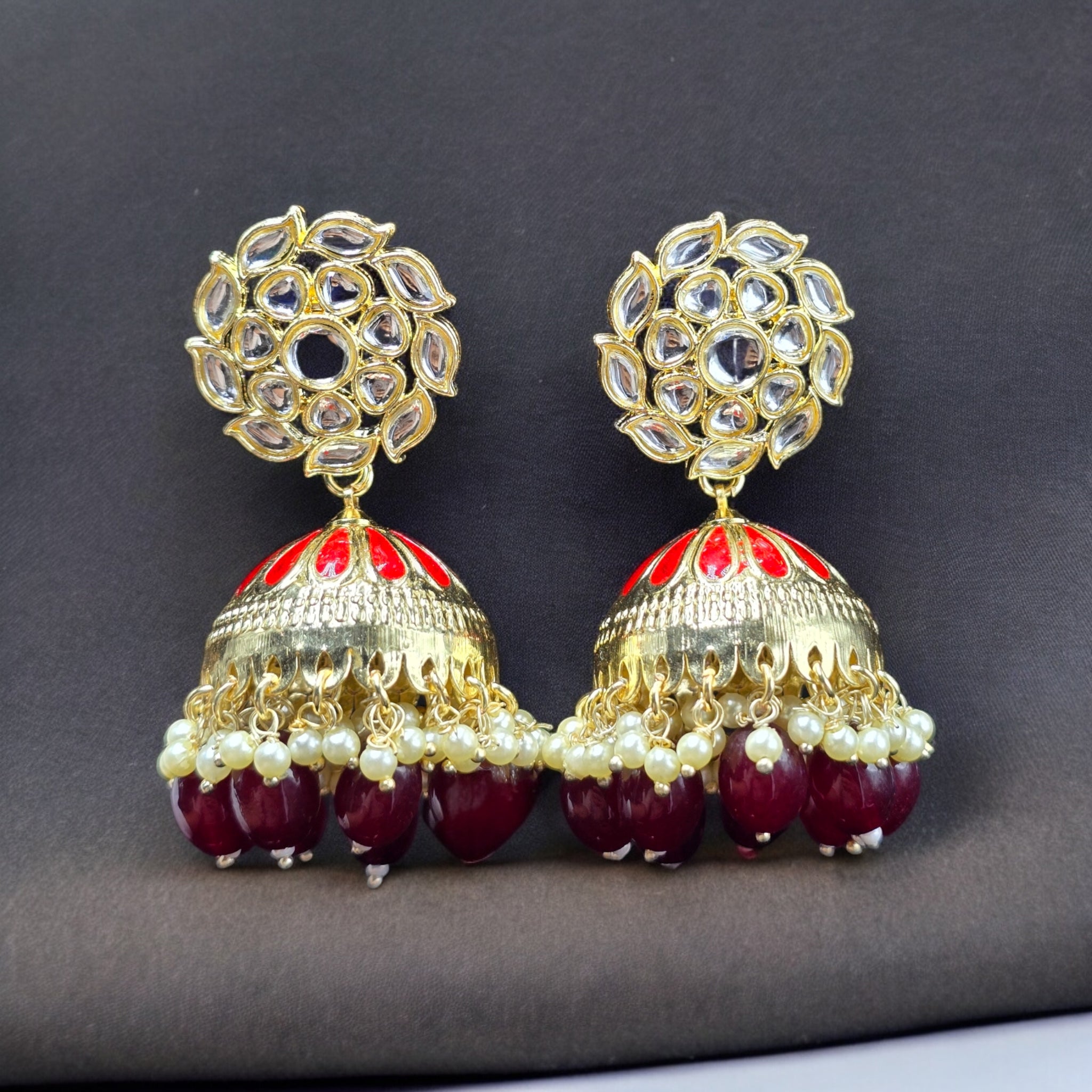 Maroon Colour White Pearl Indo-Western Earring