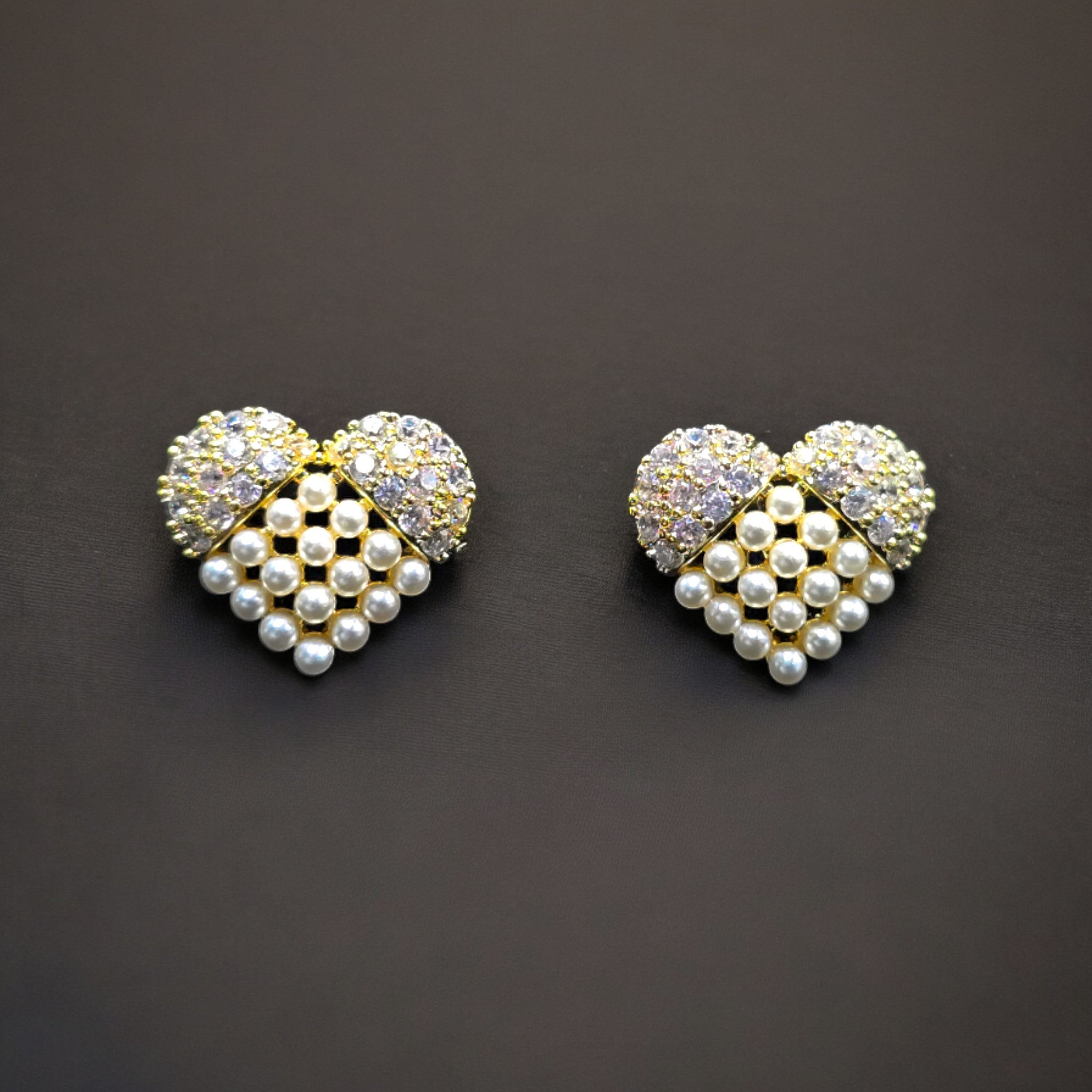 FW Gold Plated CZ Heart Design Pearl Studs