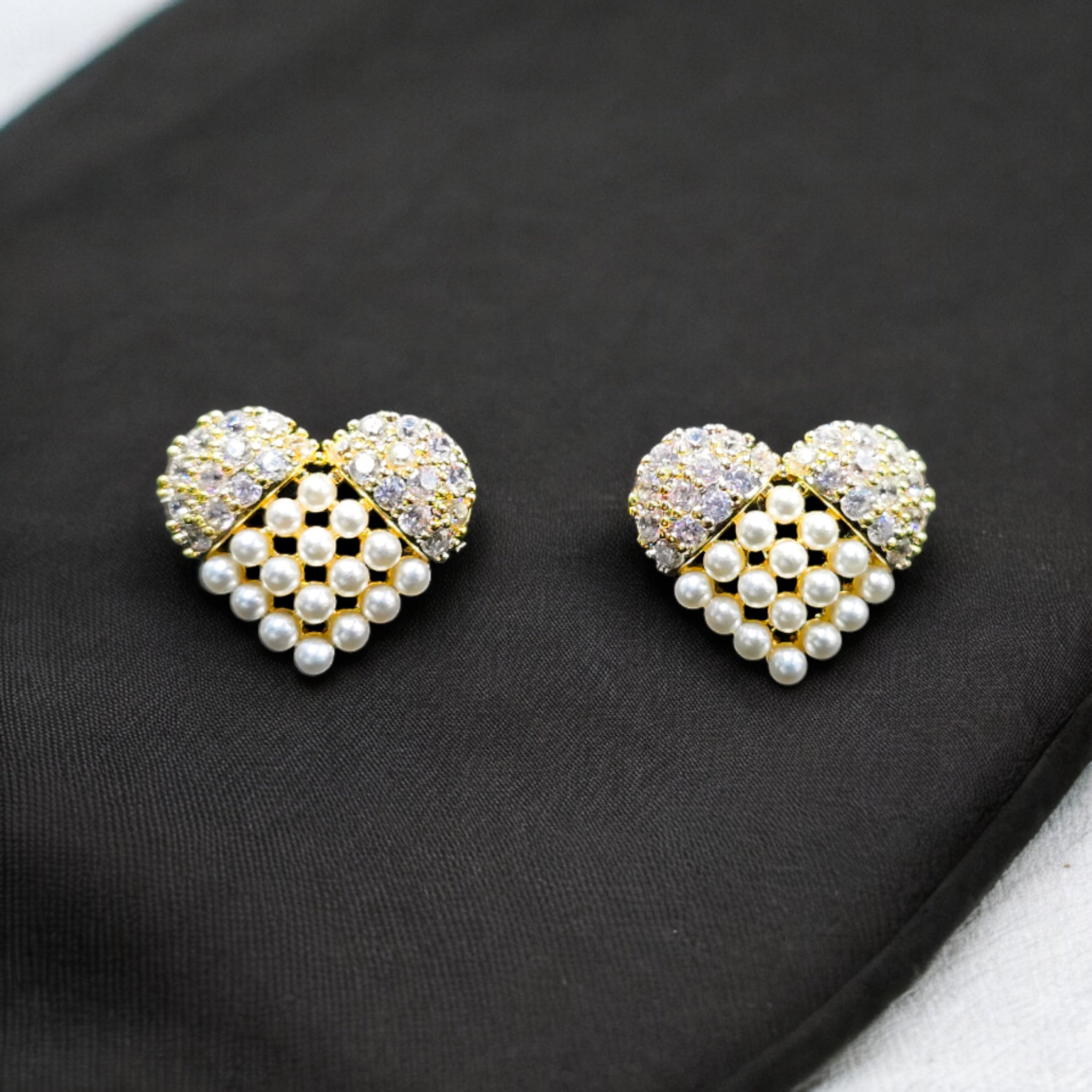 FW Gold Plated CZ Heart Design Pearl Studs