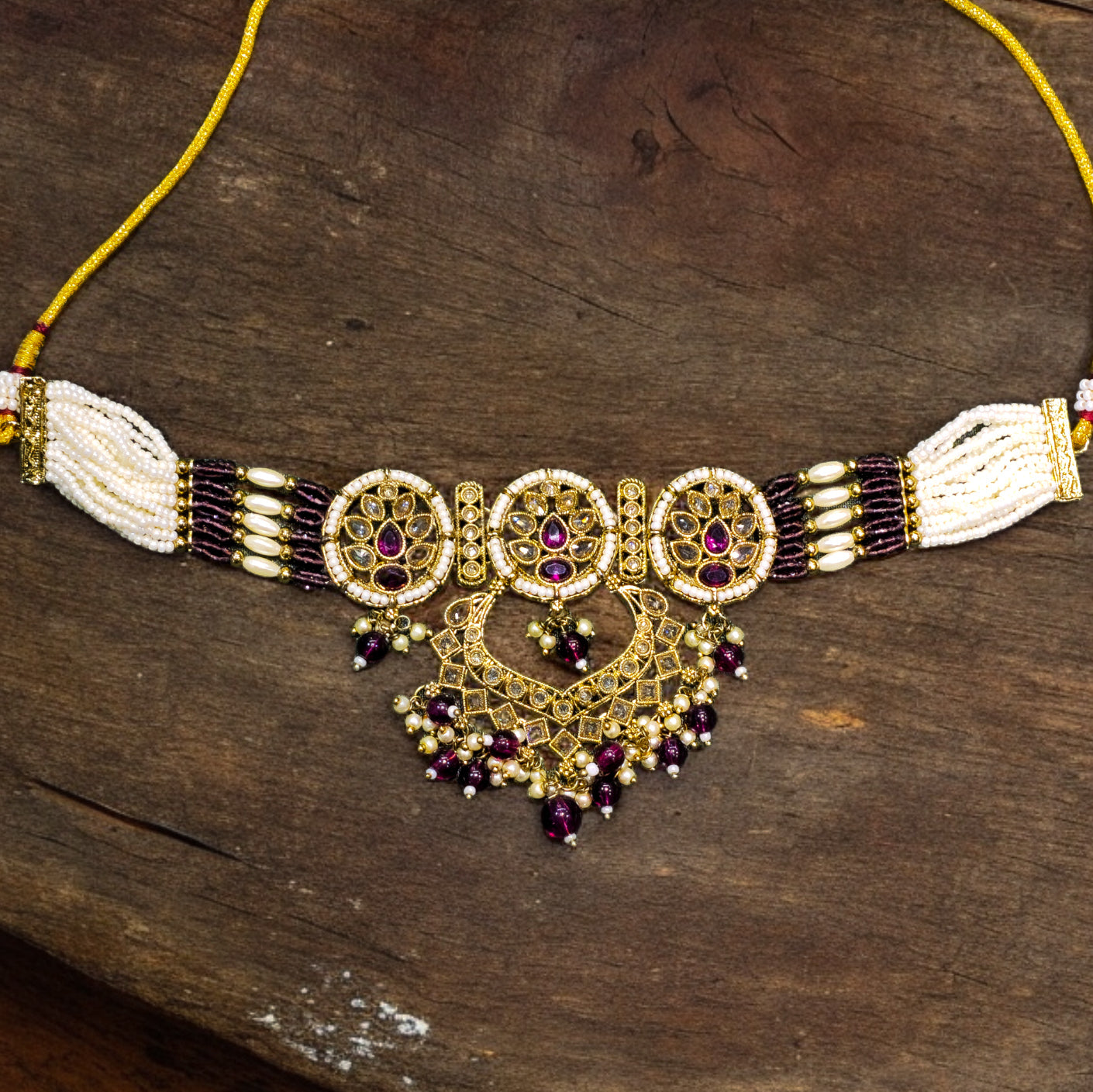 Pruple Color Mhenedi Plating Reverse AD Necklace with Earrings