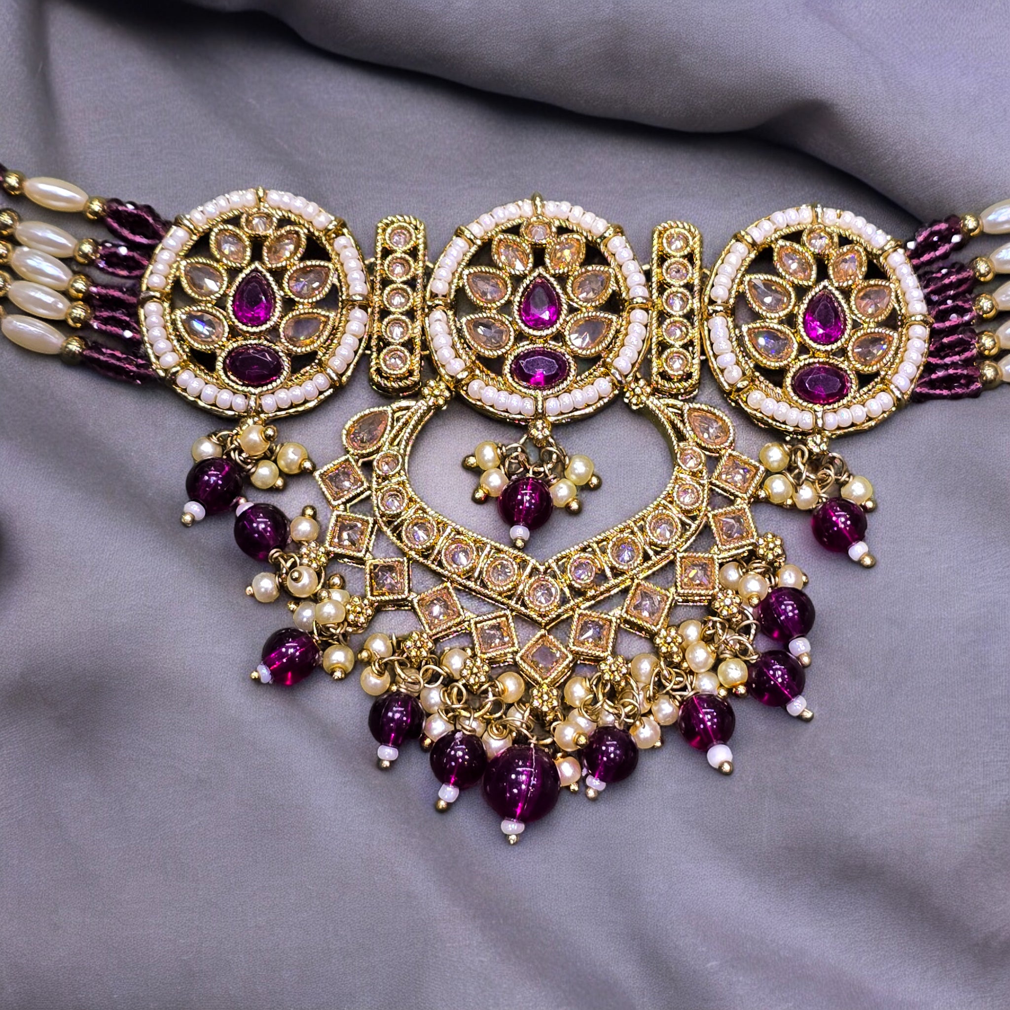 Pruple Color Mhenedi Plating Reverse AD Necklace with Earrings