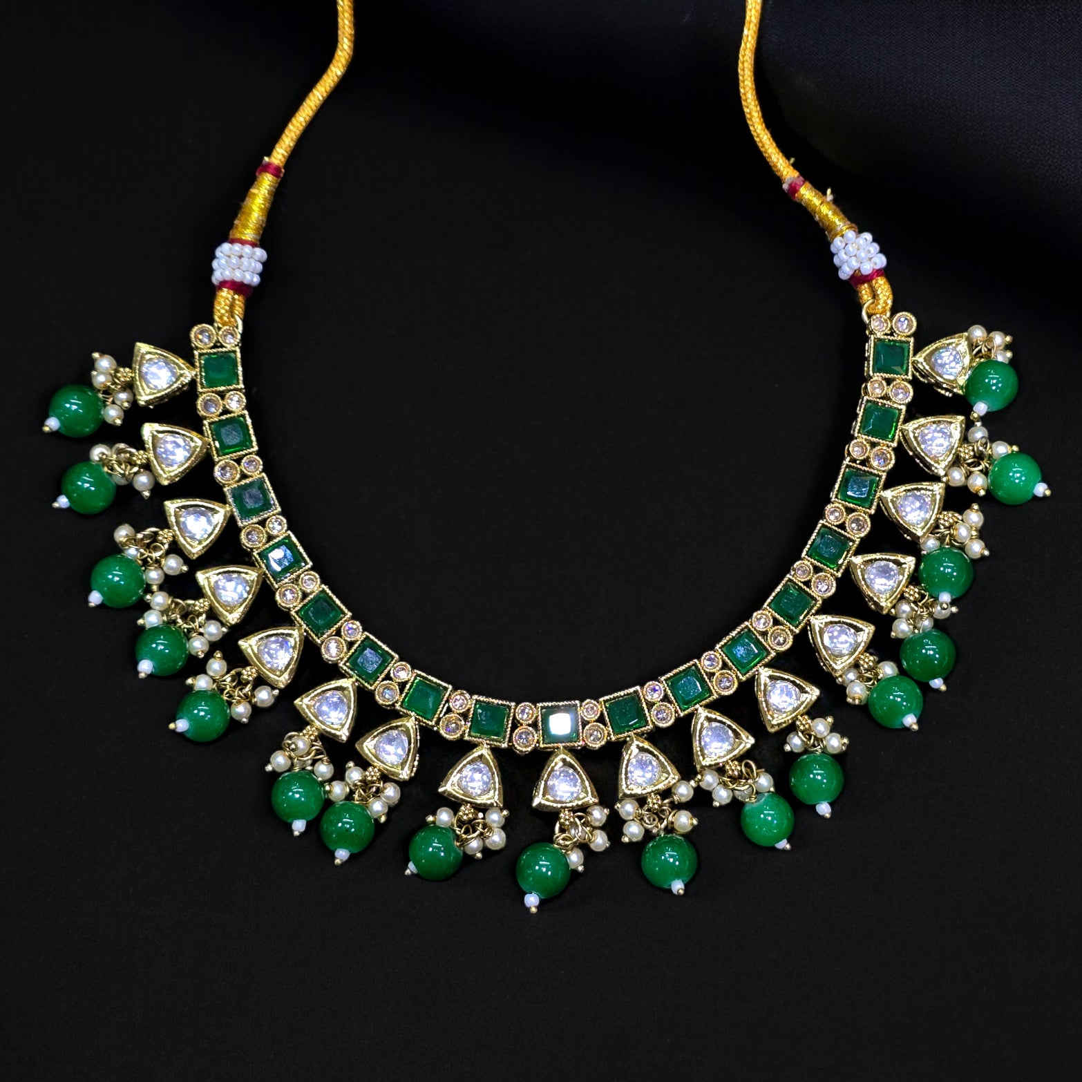 Mehndi Plating Green Reverse AD Kundan Necklace with Earrings & Mangtikka