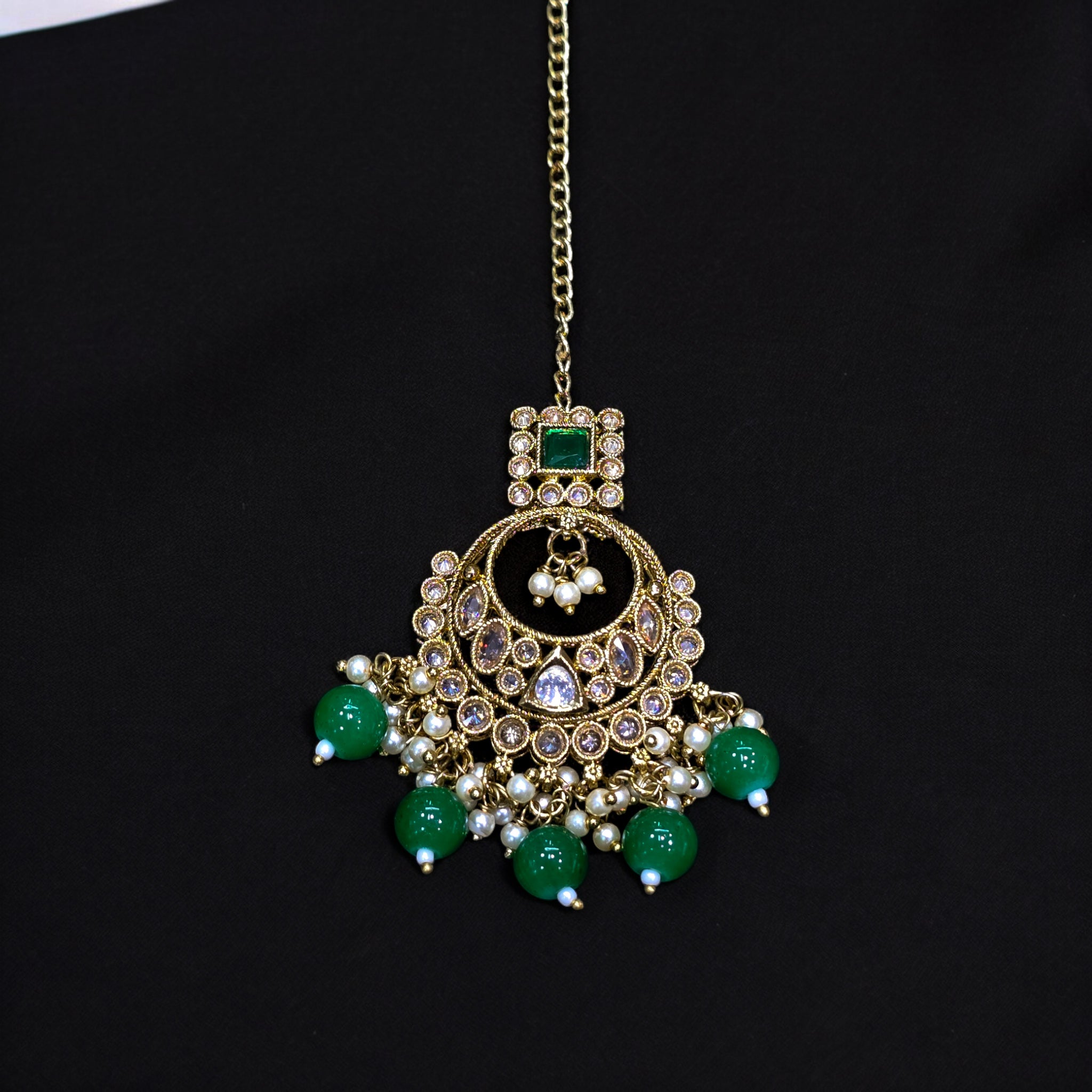 Mehndi Plating Green Reverse AD Kundan Necklace with Earrings & Mangtikka