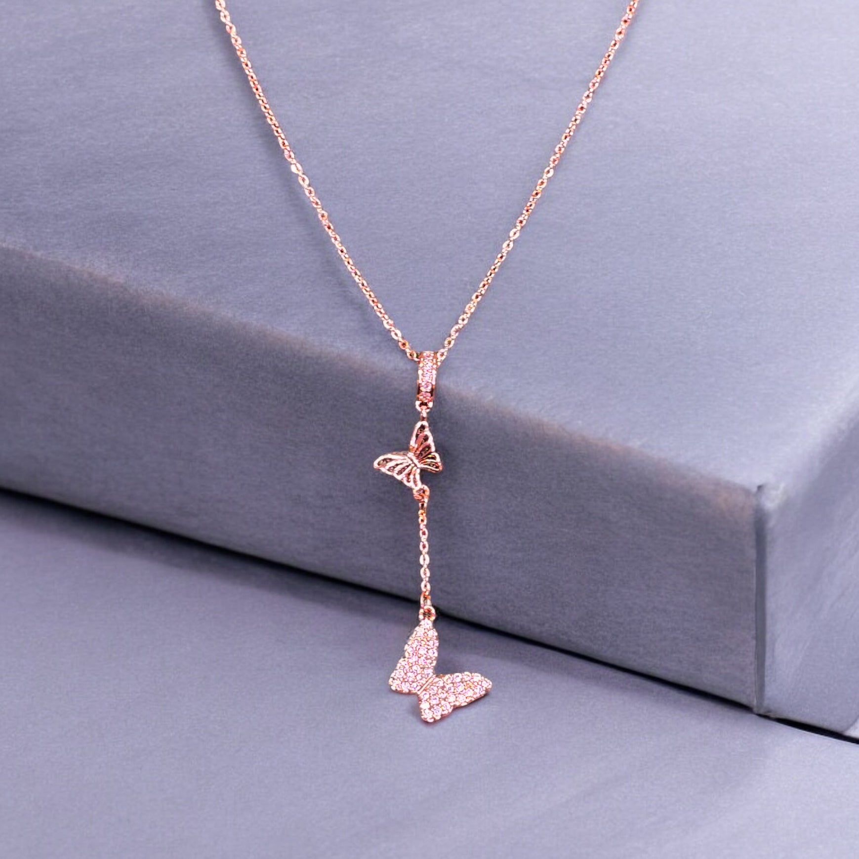 FW Rosegold Plated Butterfly AD Chain Pendant