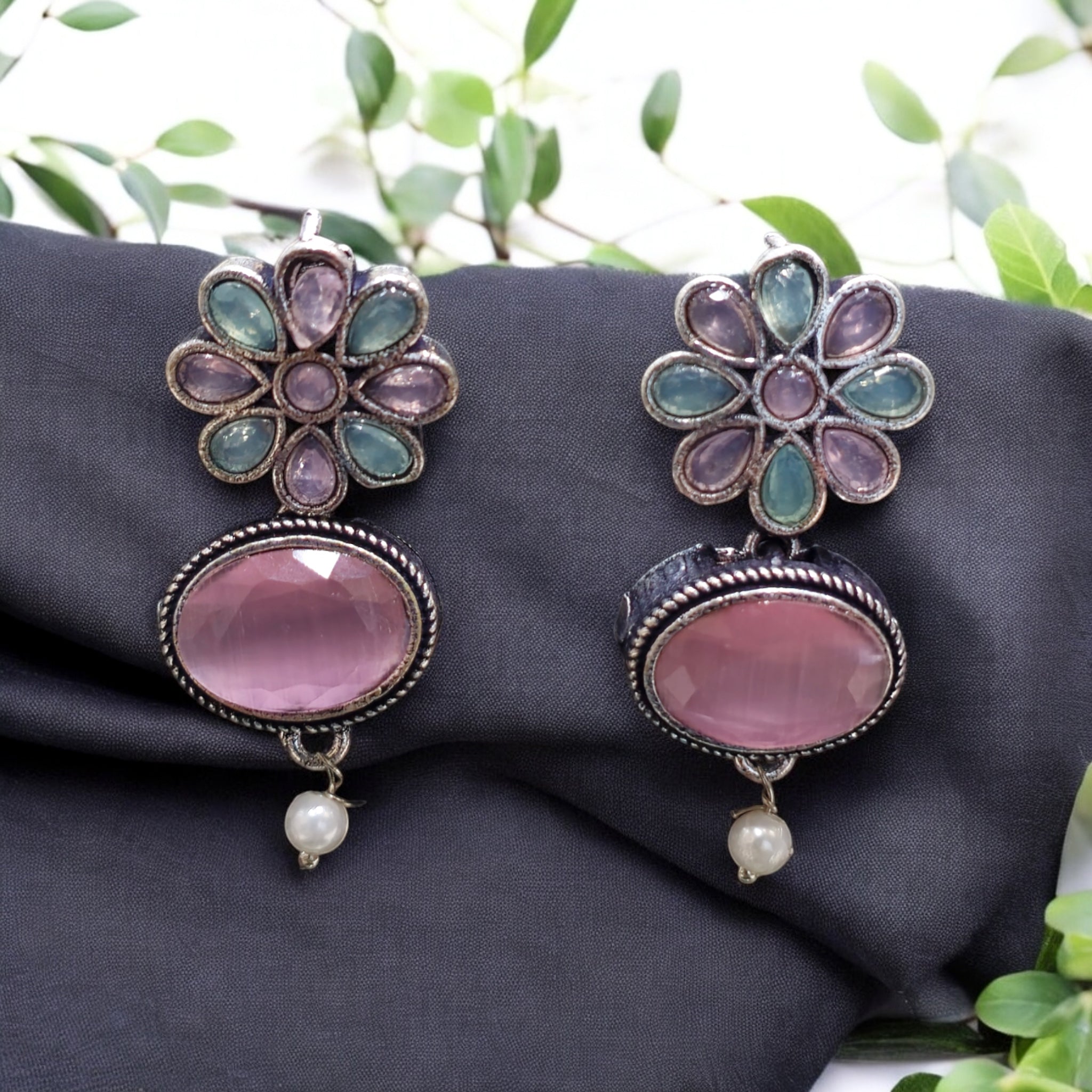 FW MintPink Oxidized Necklace with Earrings