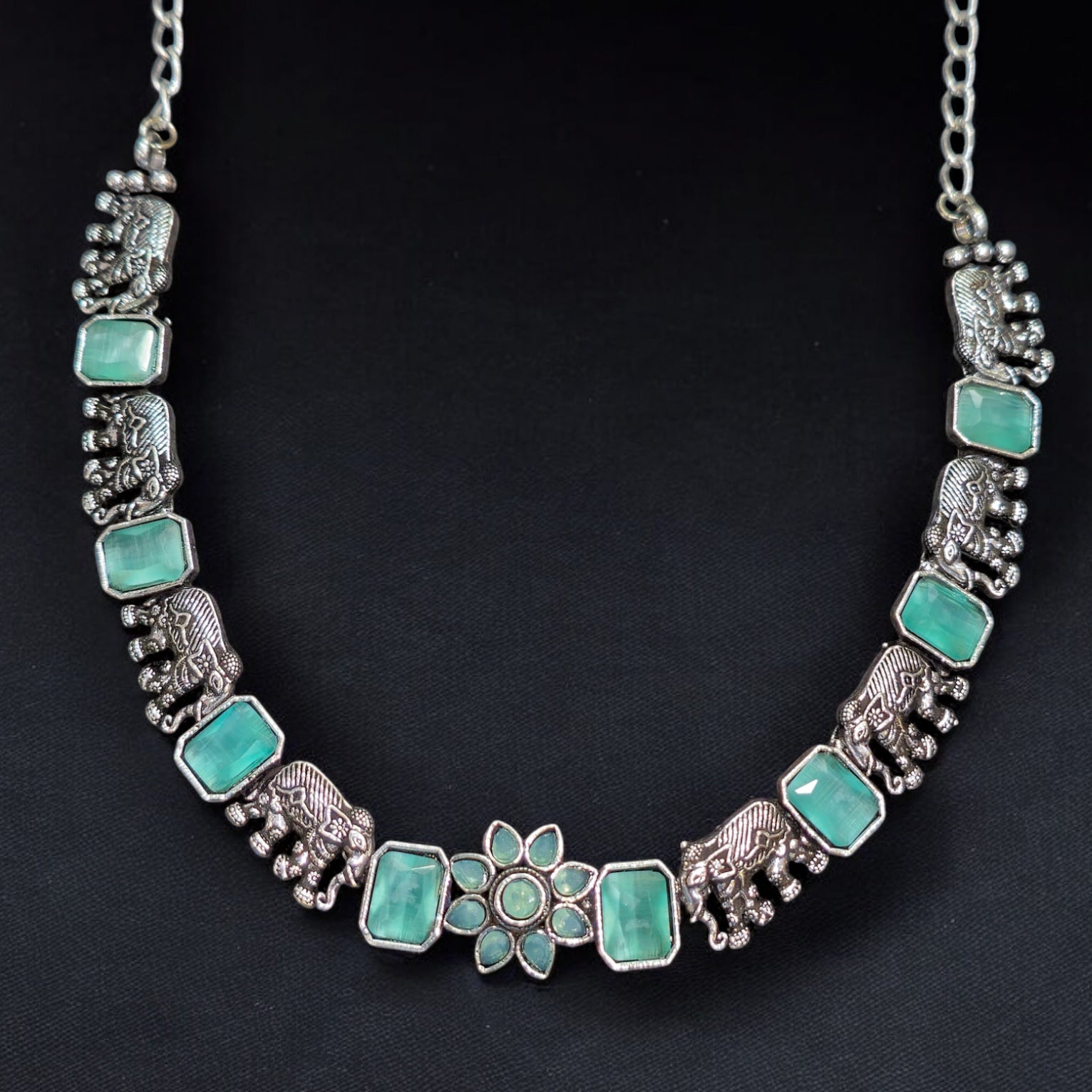 FW Pastel Green Oxidized Necklace with Earrings