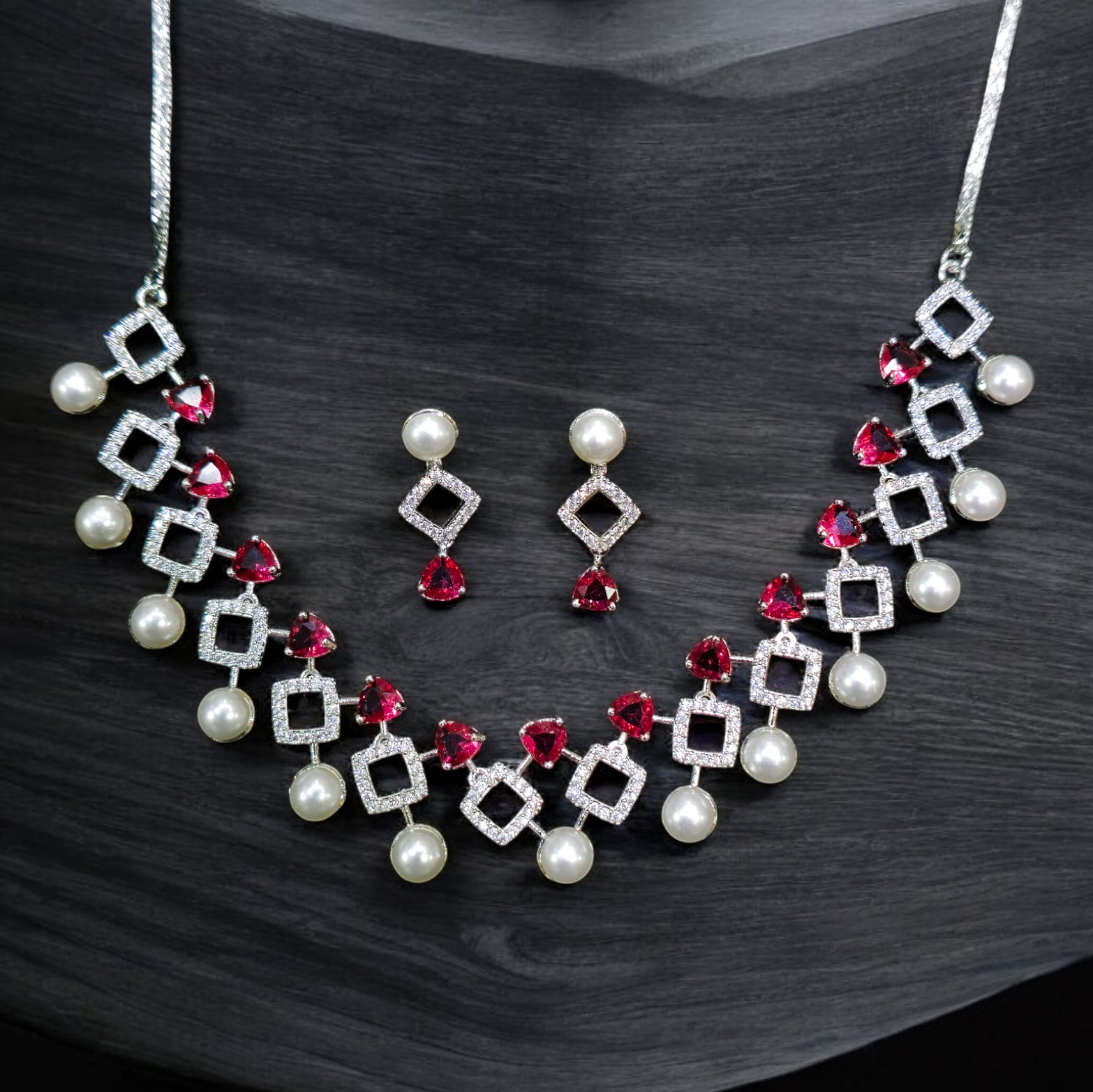 FW Maroon Pearl Rhodium Plated AD Necklace with Earrings