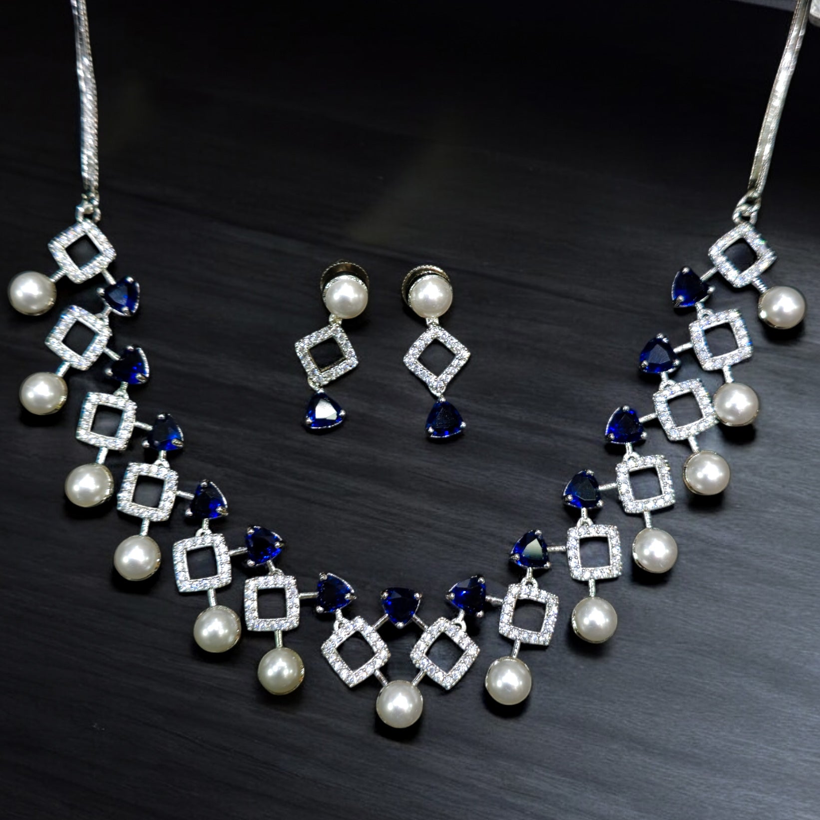 FW Blue Pearl Rhodium Plated AD Necklace with Earrings