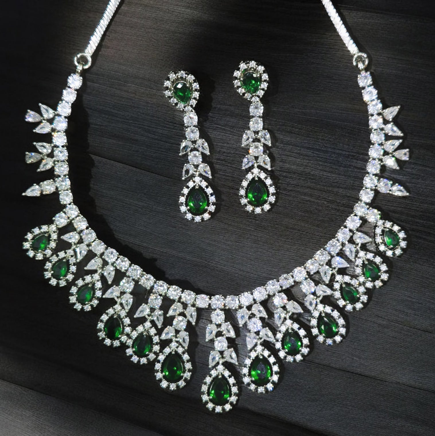 FW Emerald AD Rhodium Plated Necklace with Earrings