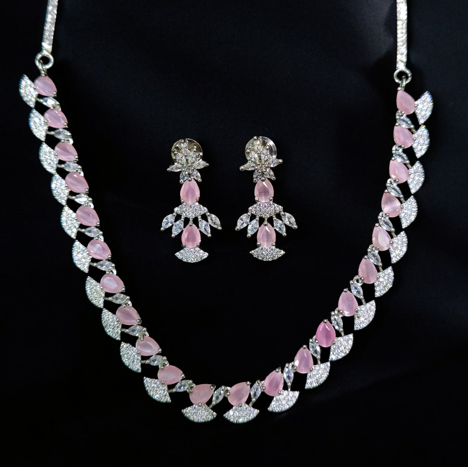 FW Baby Pink Rhodium Plated AD Necklace with Earrings