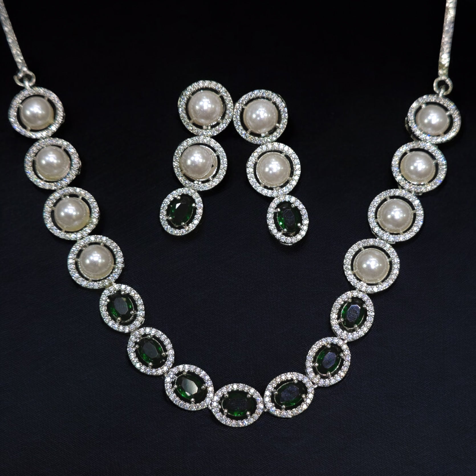 FW Green Pearl AD Necklace with Earrings