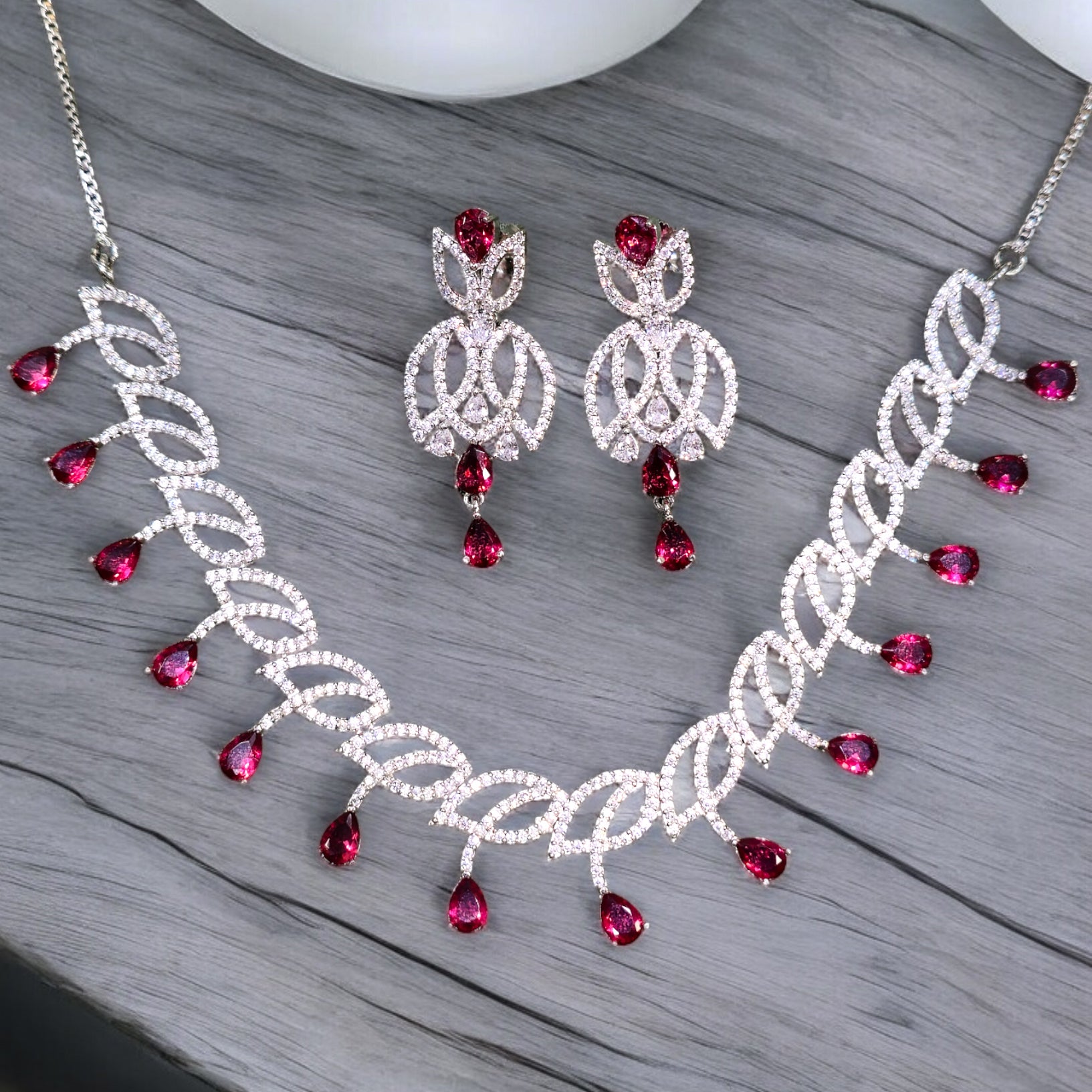 FW Maroon  Rhodium Plated AD Necklace with Earrings