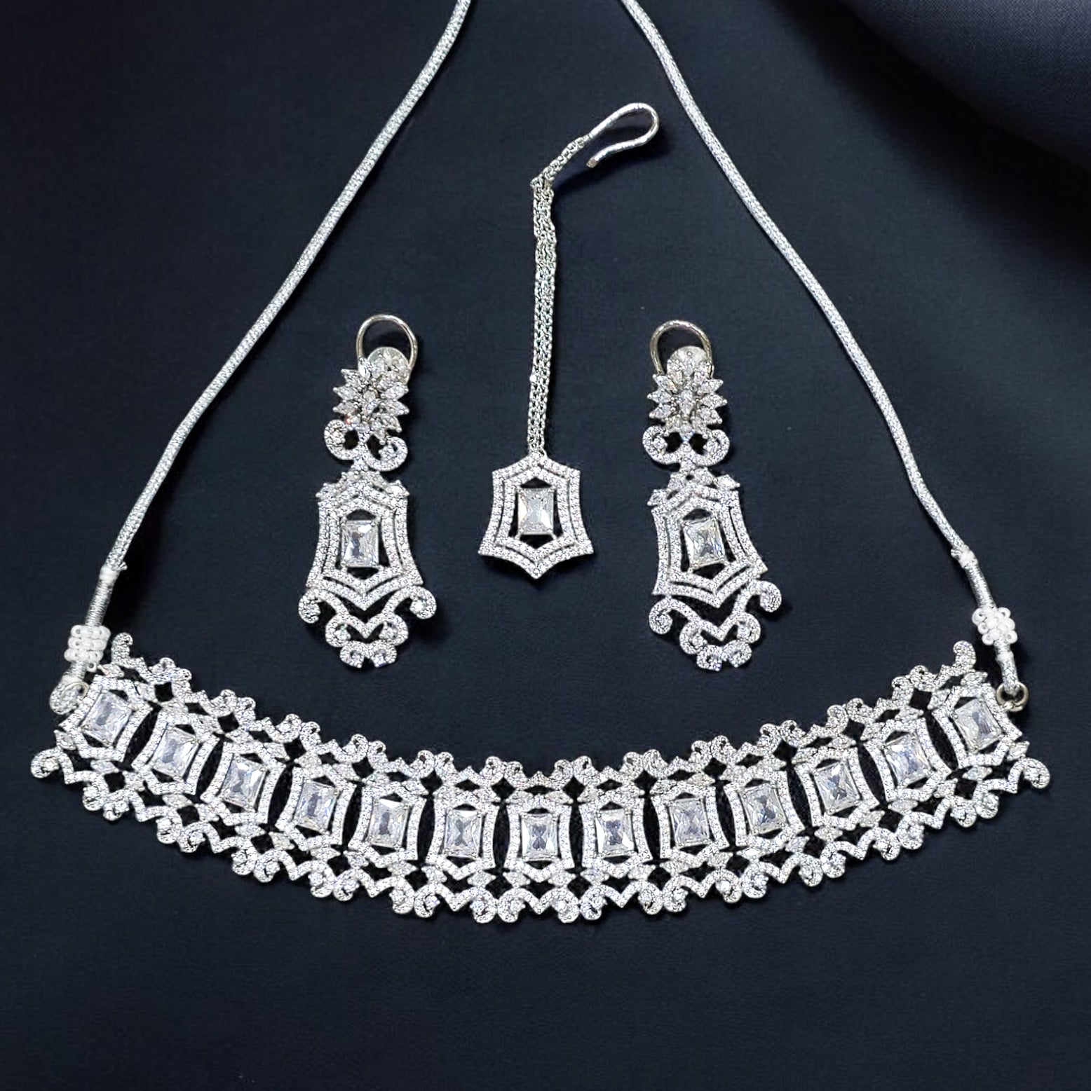 FW Rhodium Plated AD Necklace with Earrings