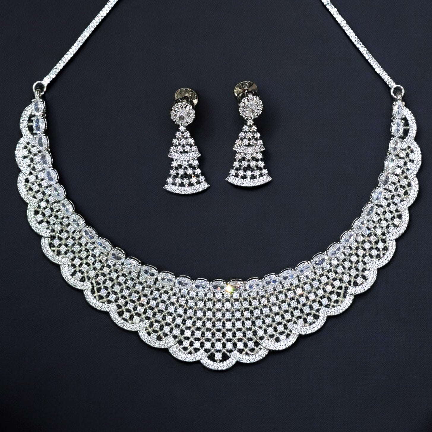 FW Rhodium Plated AD Necklace with Earrings