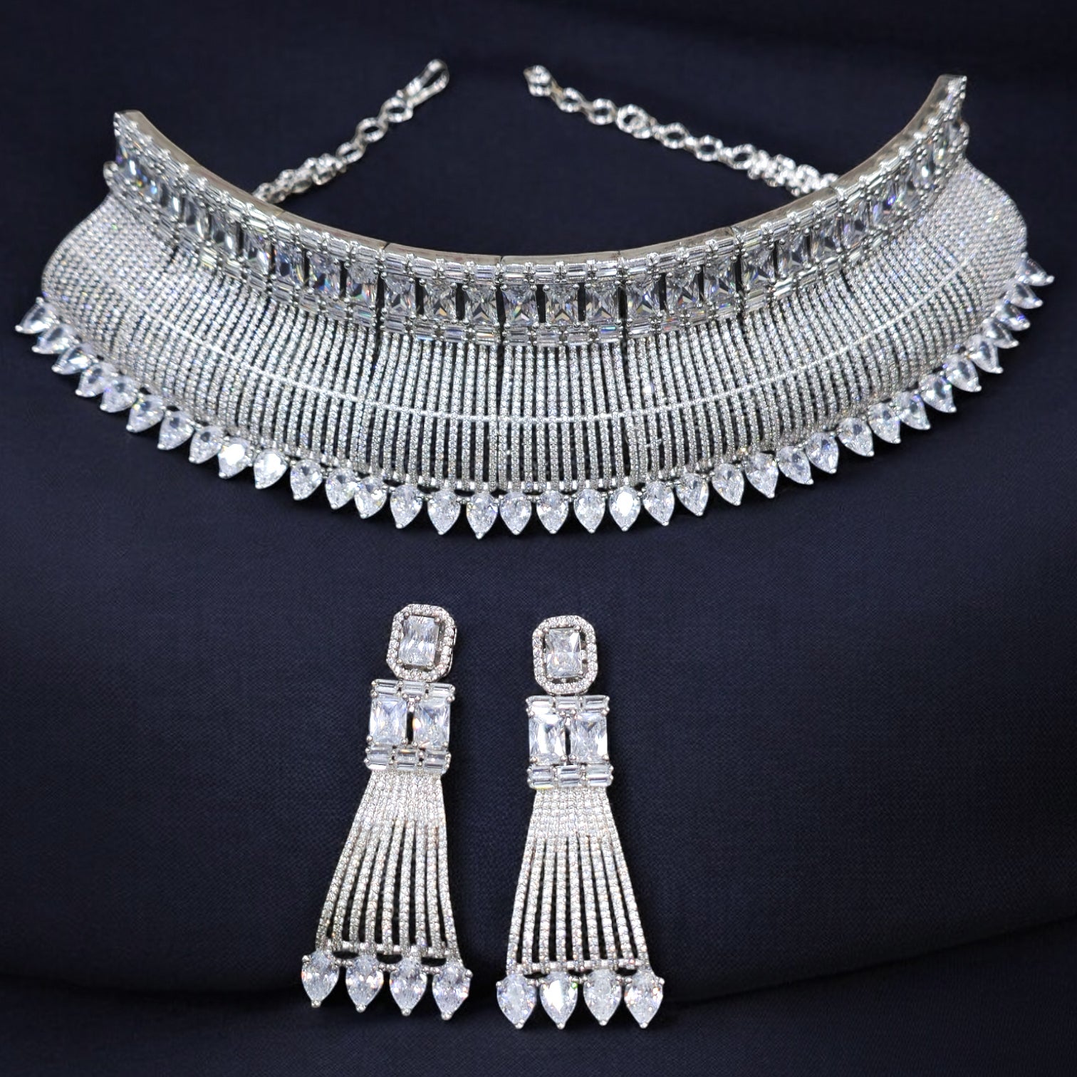 FW Rhodium Plated AD Choker with Earrings