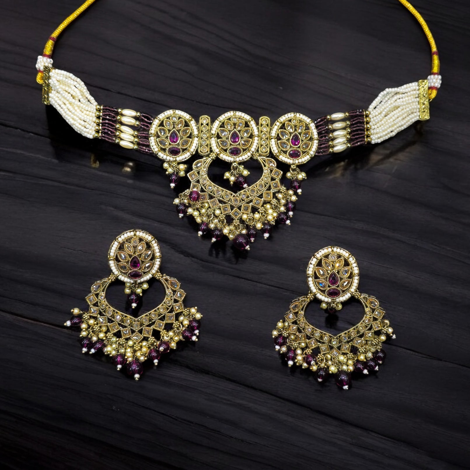 Pruple Color Mhenedi Plating Reverse AD Necklace with Earrings