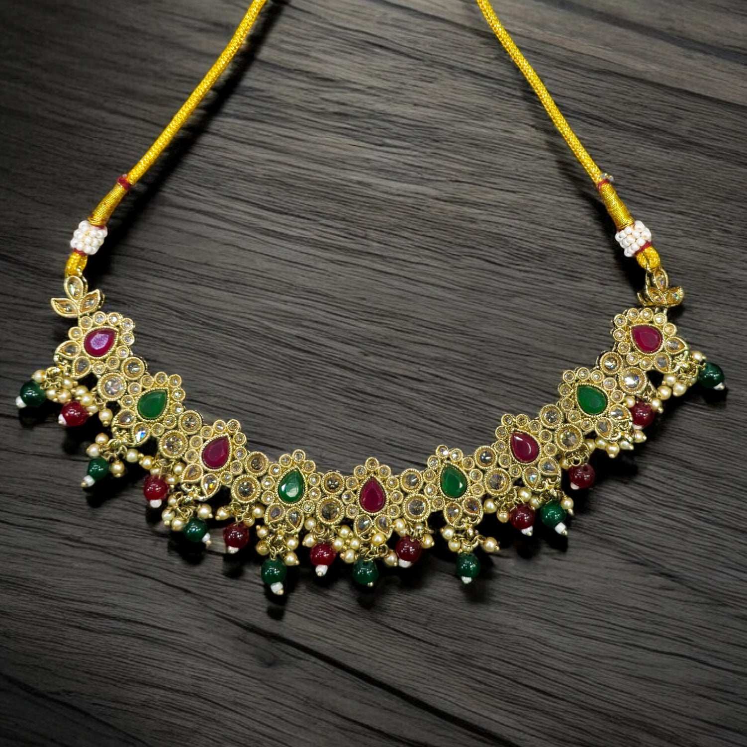 RubyGreen Menedi Plating Reverse AD Necklace with Earrings & Mangtikka