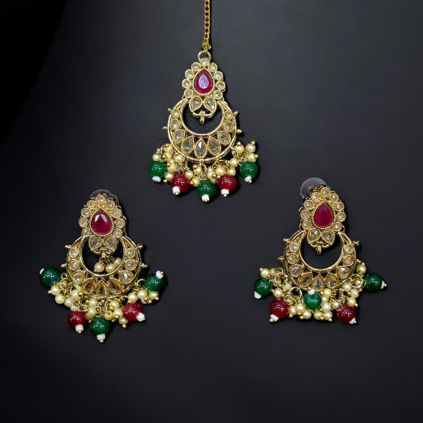 RubyGreen Menedi Plating Reverse AD Necklace with Earrings & Mangtikka