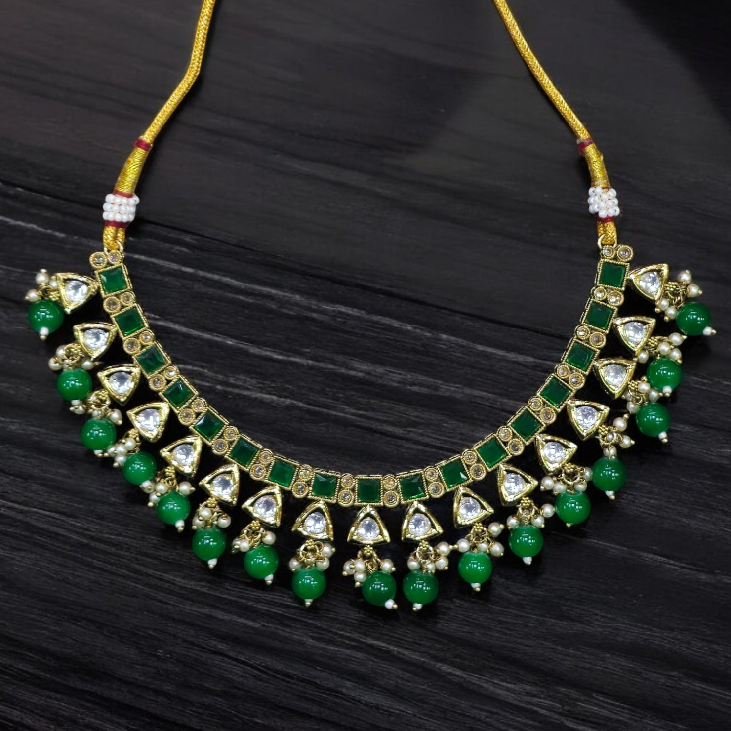 Mehndi Plating Green Reverse AD Kundan Necklace with Earrings & Mangtikka