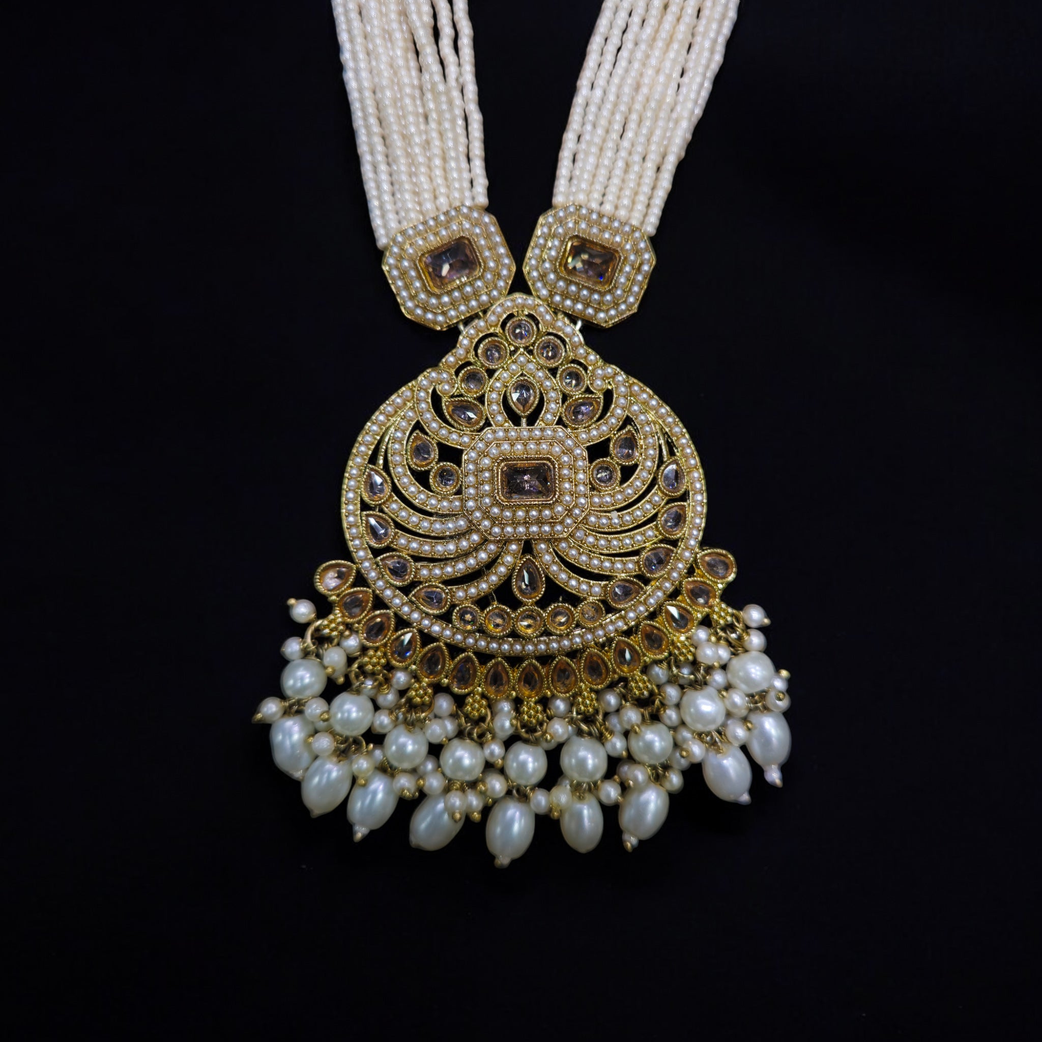 FW LCT Stone Pearl Mehendi Plating Long Necklace Set