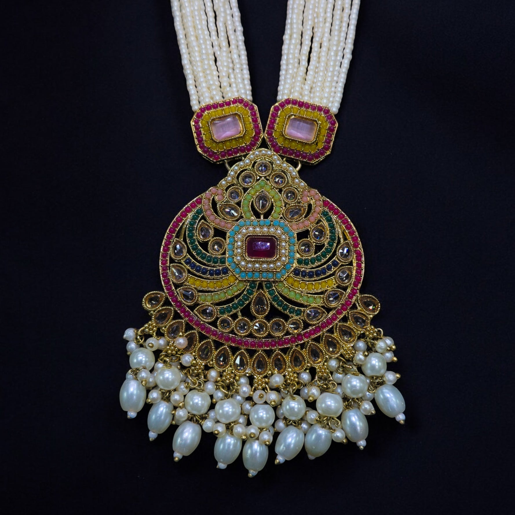 FW Multicolor Pearl Mehendi Plating Long Necklace Set