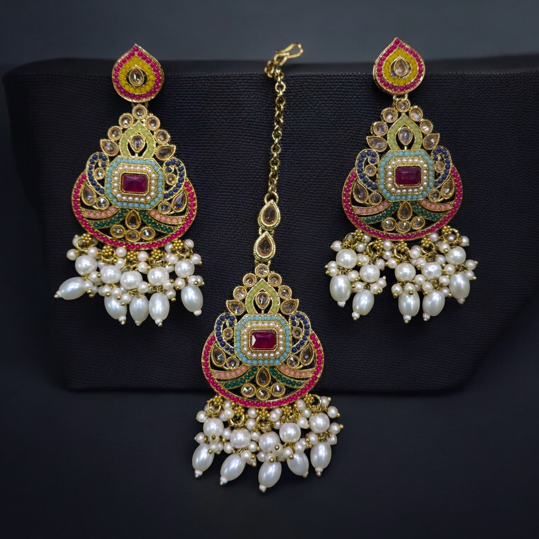 FW Multicolor Pearl Mehendi Plating Long Necklace Set